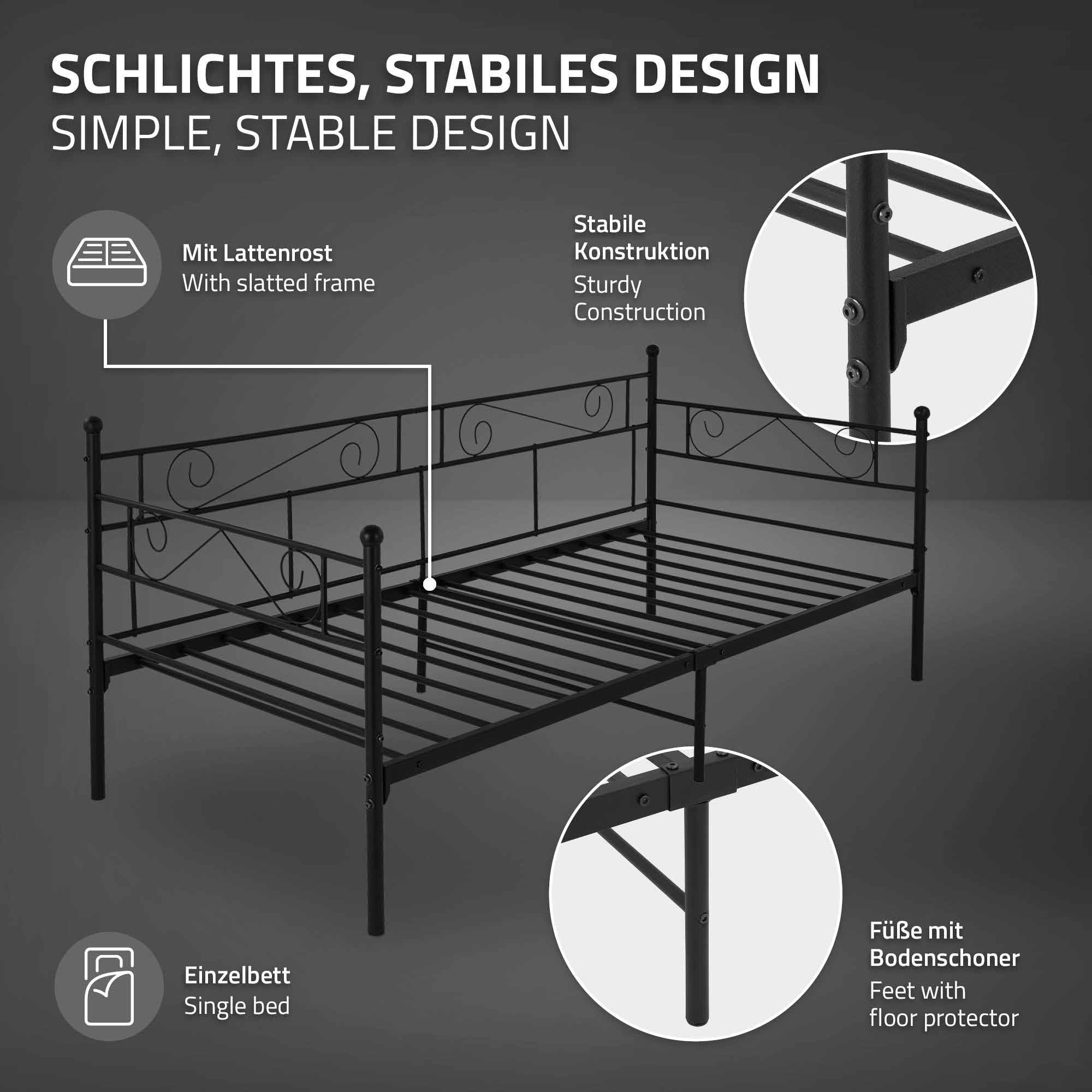 Schwarzes Bett mit geschwungenem Kopfteil und stabiler Konstruktion.