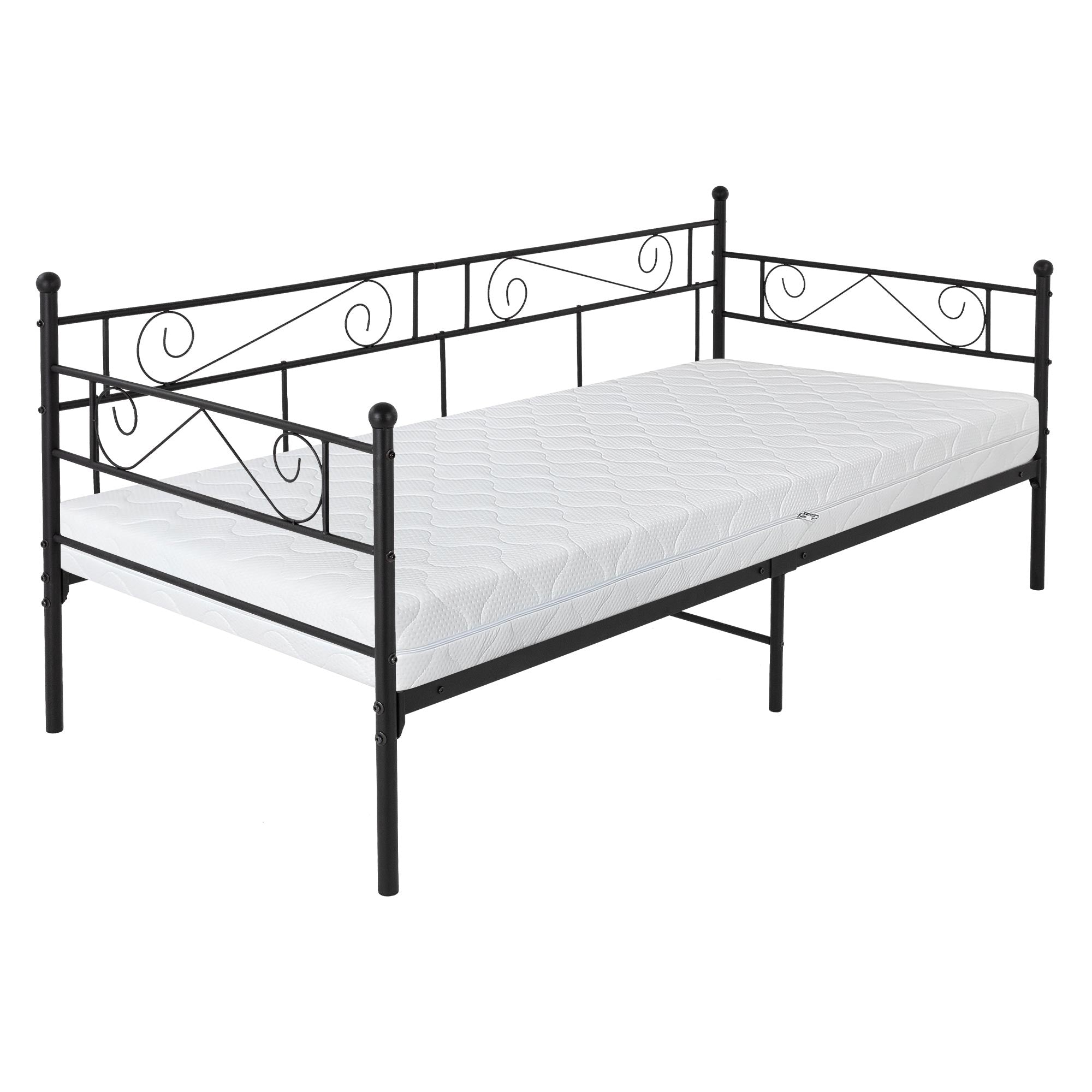 Schwarzes Metallbett mit geschwungenen Elementen und Matratze.