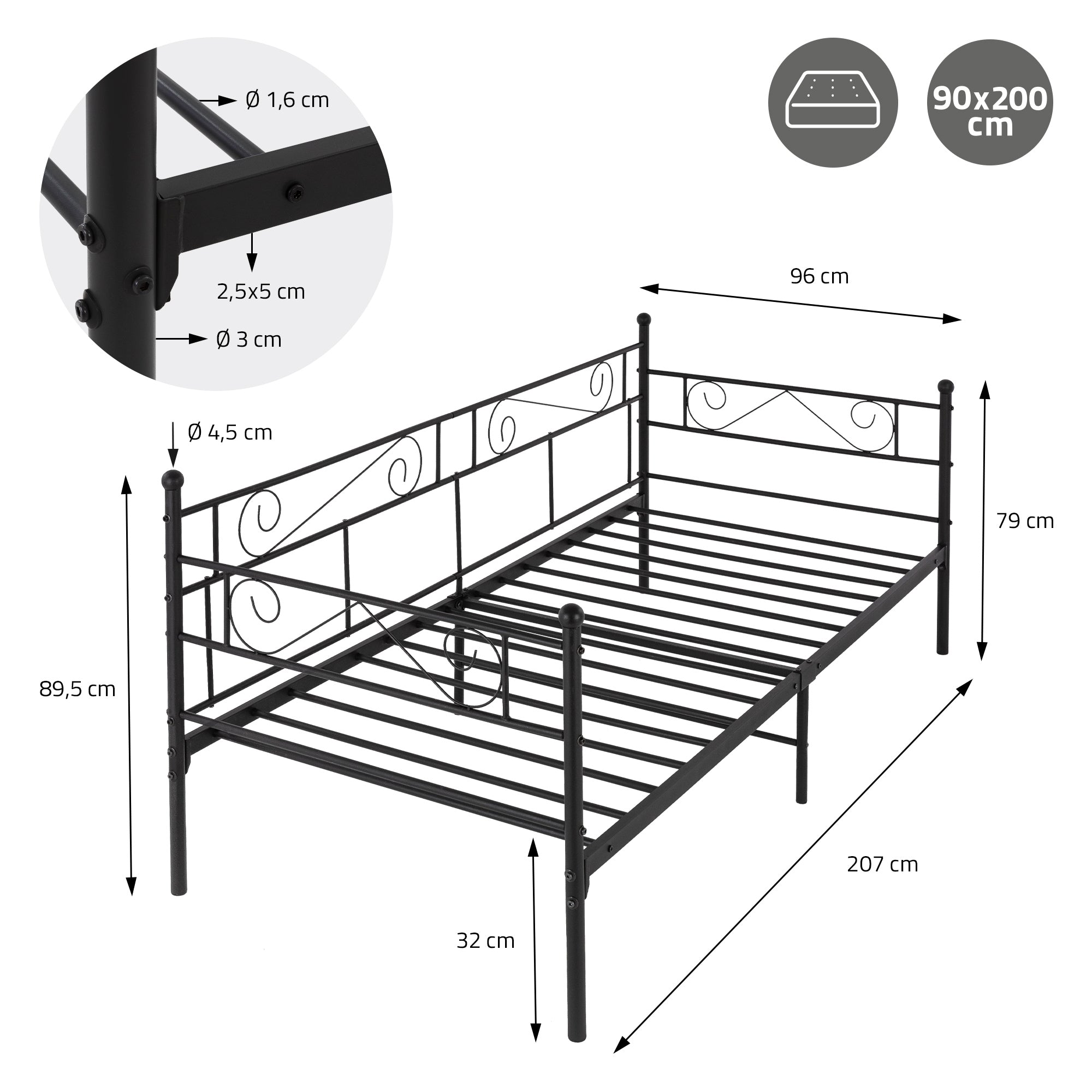 Schwarzes Metallbett mit Maßen 90x200 cm und dekorativen Elementen.