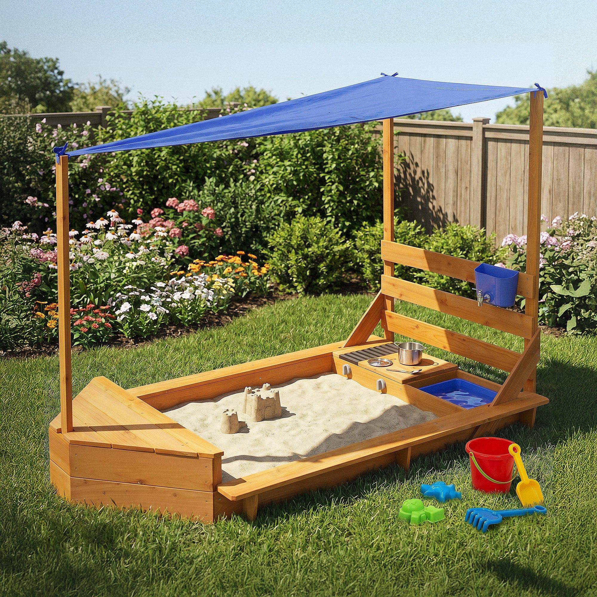 Sandkasten im Garten mit Sand und Spielzeug, unter einem blauen Sonnenschutz.
