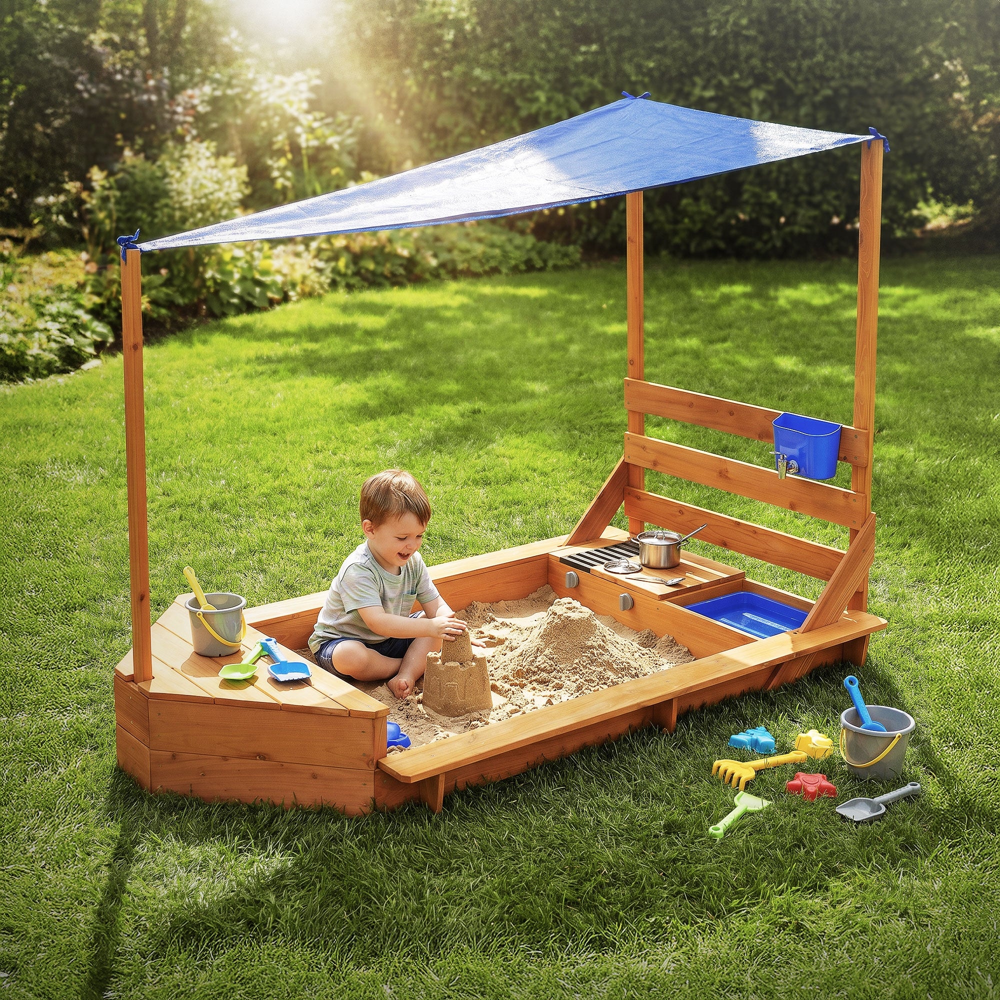 Kind spielt im Sandkasten mit Spielzeug im Garten.