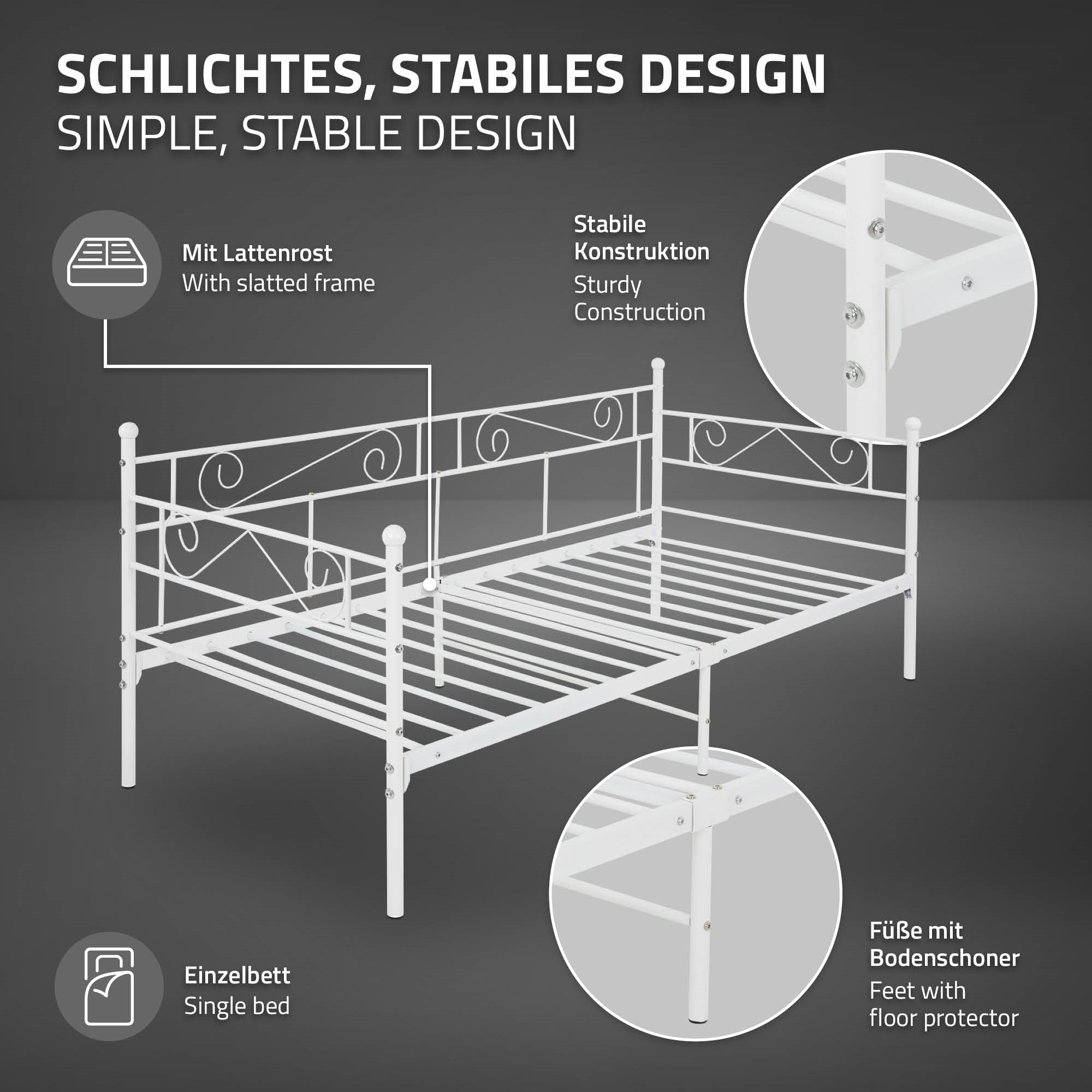 Gráfico de una cama individual blanca con construcción estable y protectores de suelo.