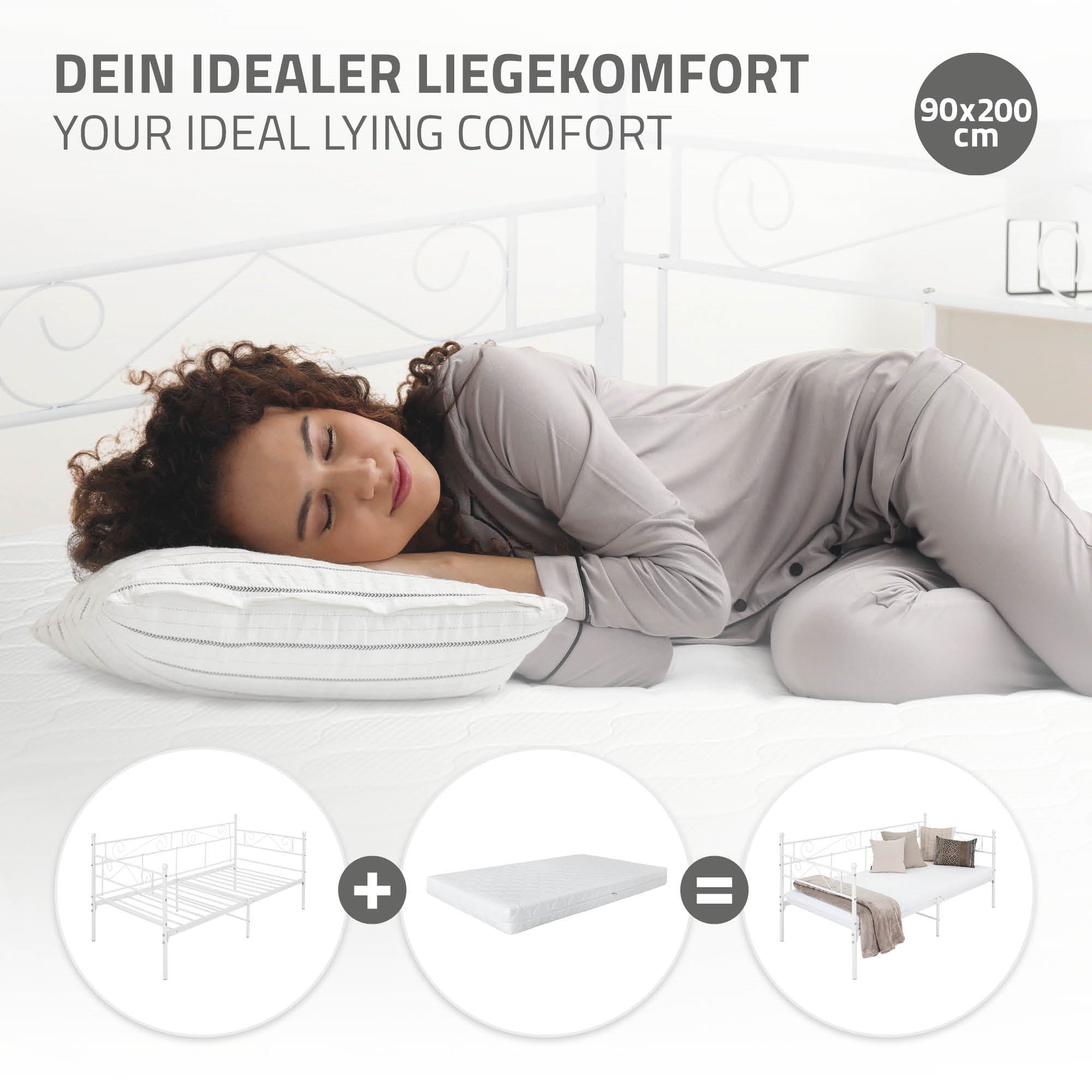 Mujer durmiendo en una cama, almohadas y colchón son visibles.
