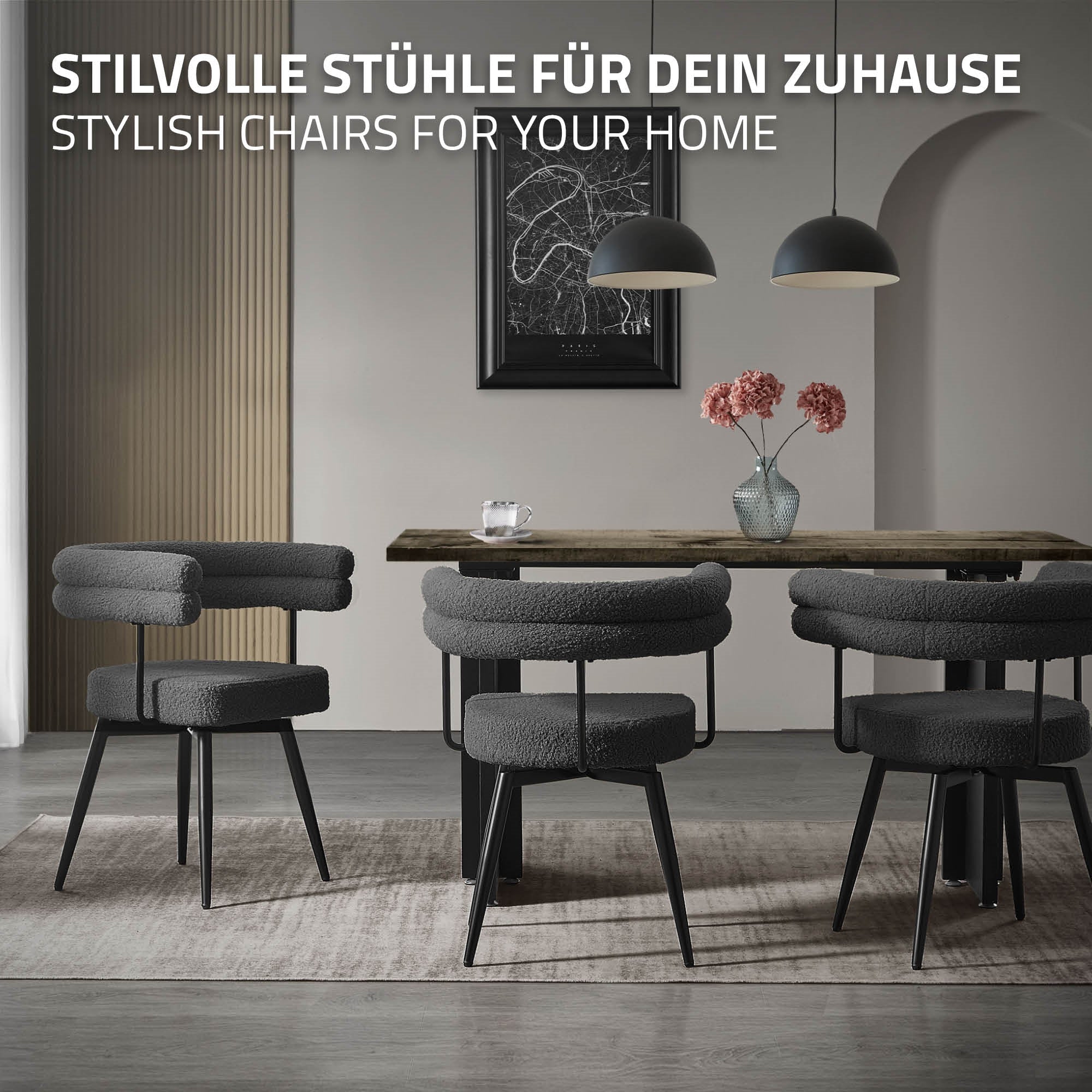 Moderne Esszimmerstühle in Grau um einen Tisch, mit Dekoration