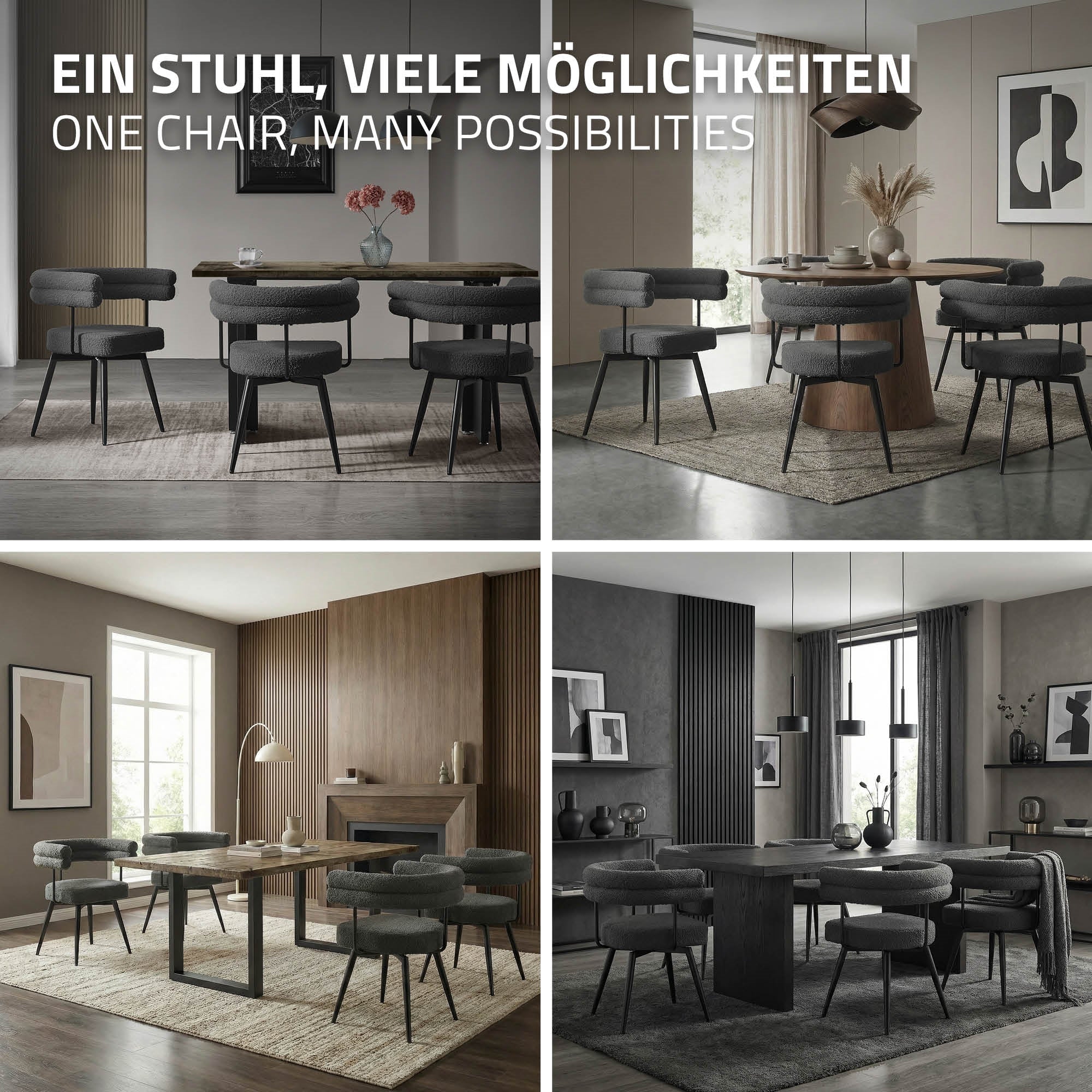 Vier verschiedene Esszimmer-Szenen mit einem Stuhl in verschiedenen Farben.