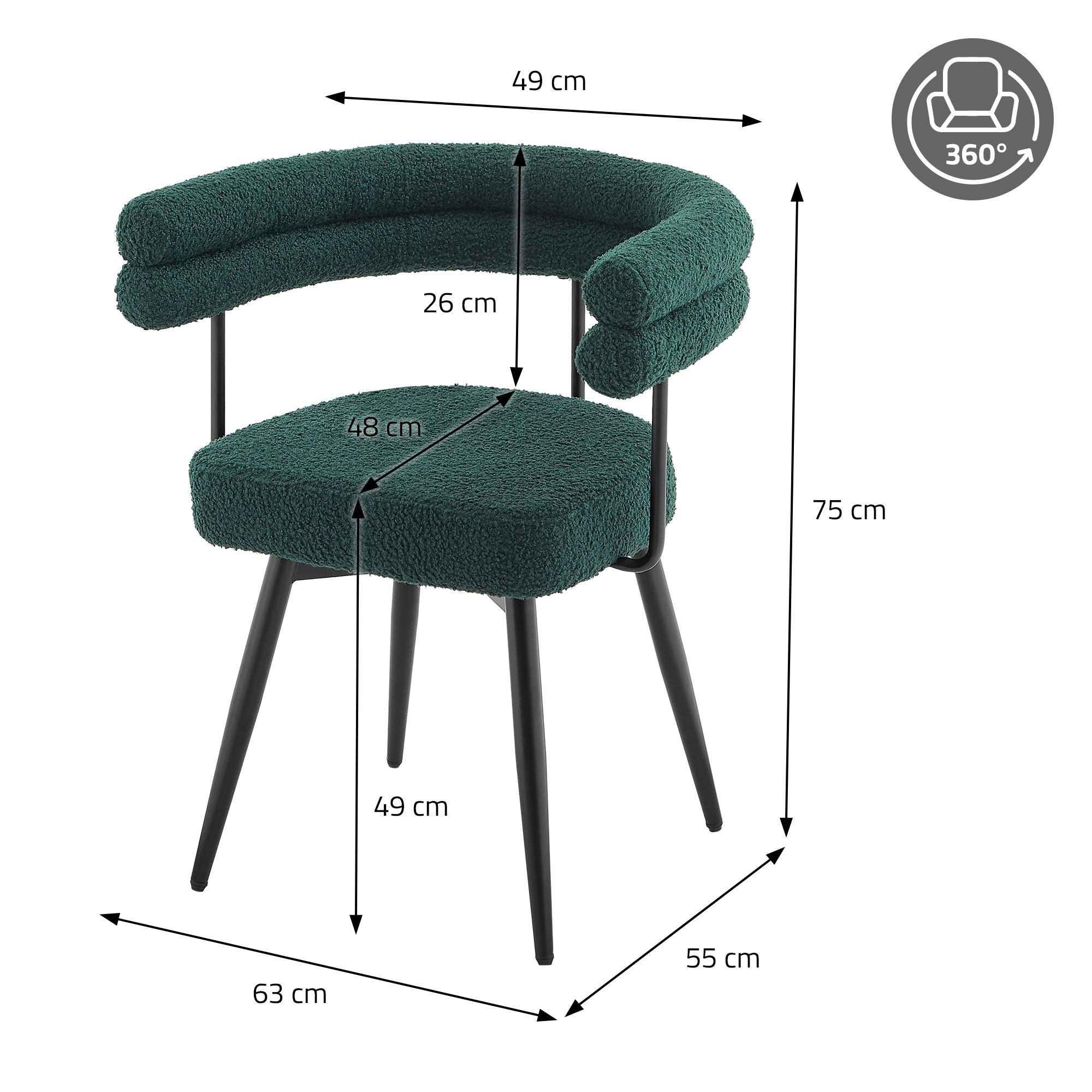 Měření zelené židle s polstrovaným sedákem a opěradlem.