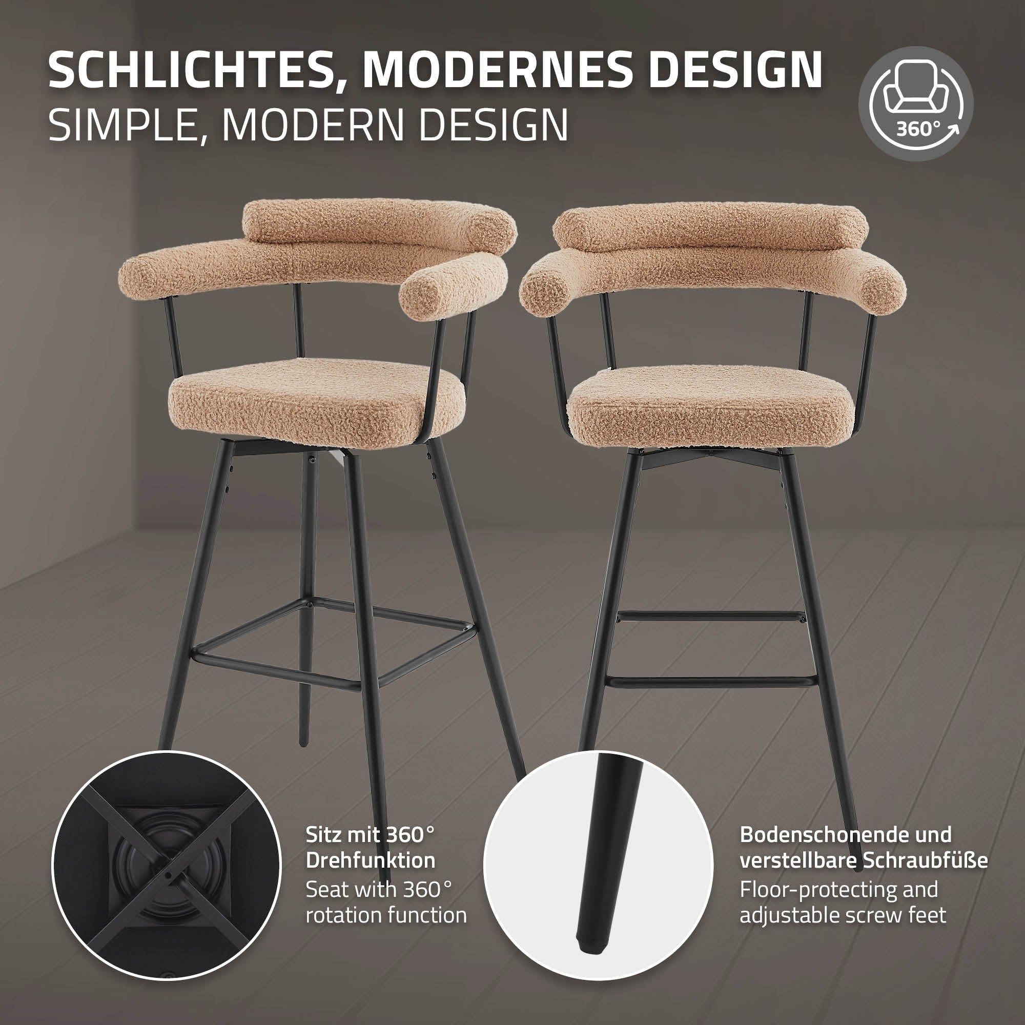 Deux tabourets de bar beiges avec fonction de rotation à 360° et pieds réglables.