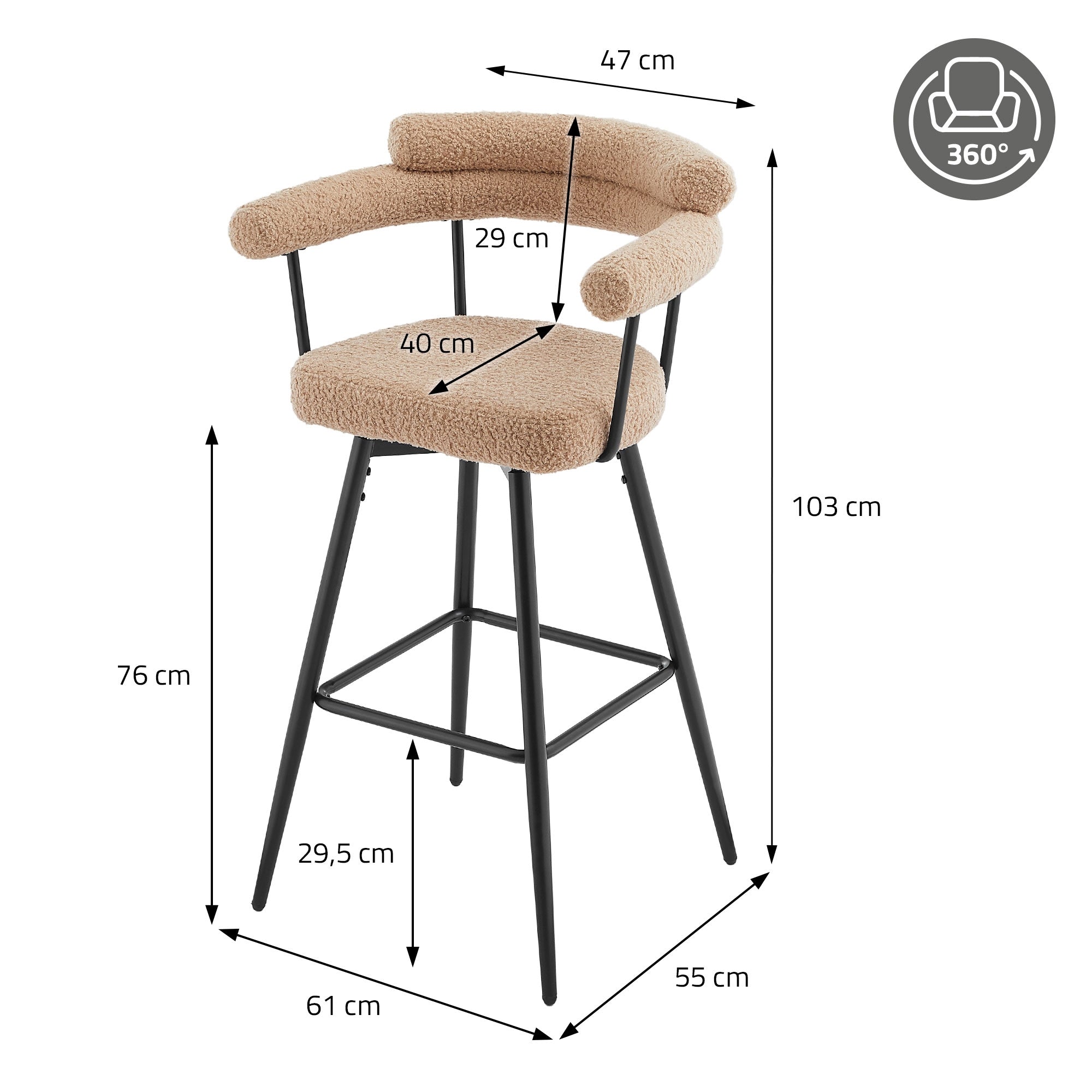 Dessin technique d'un tabouret de bar beige, avec des dimensions en cm.