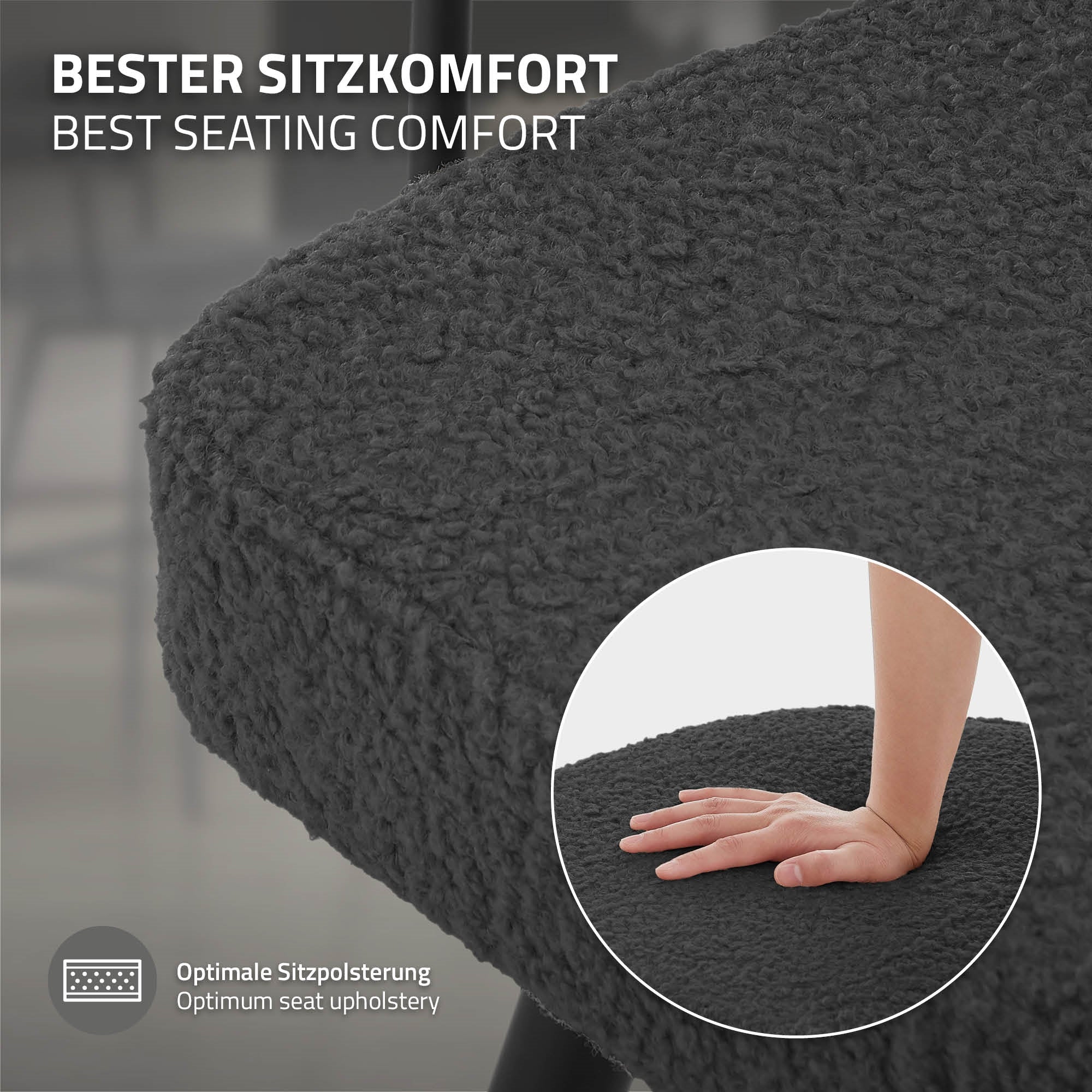Nahaufnahme einer grauen, texturierten Sitzfläche mit Hand darauf.