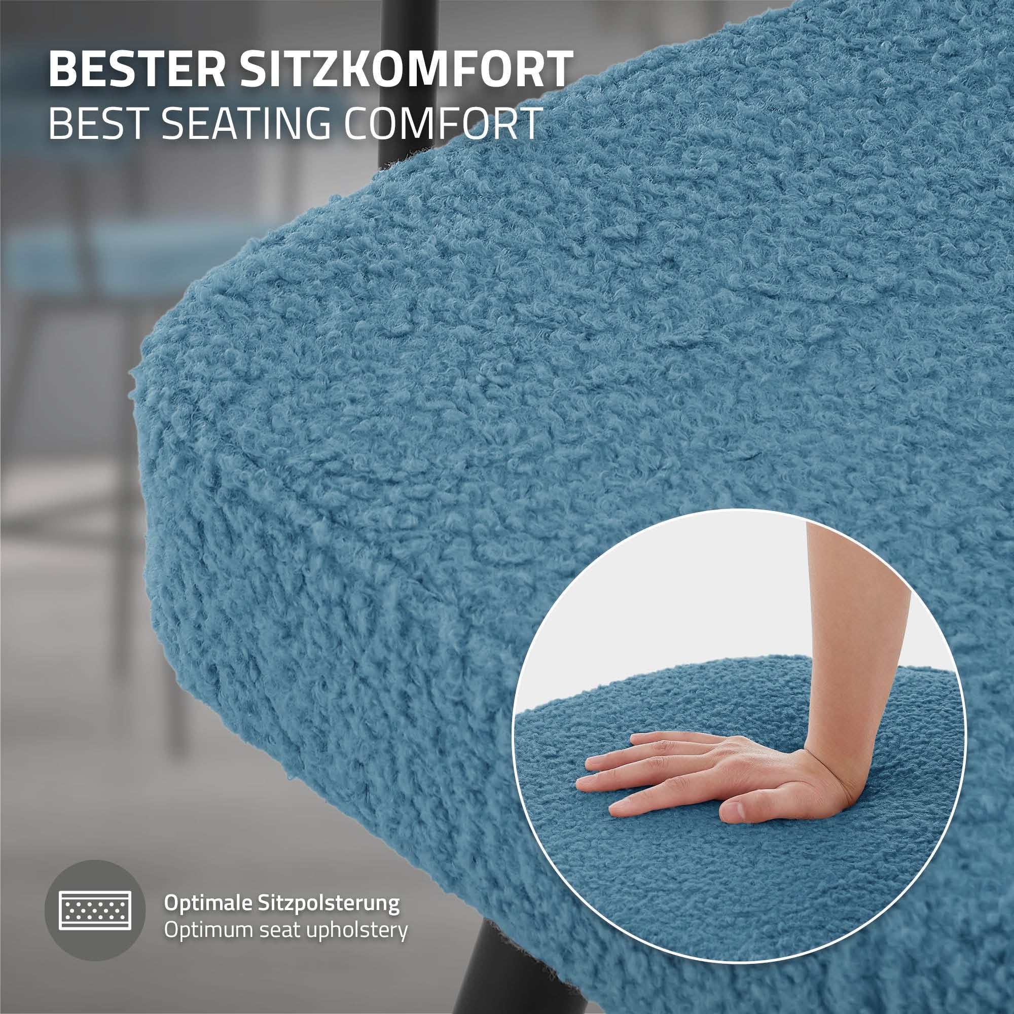 Close-up van een blauwe, textuurgegeven zitting met een hand erop.