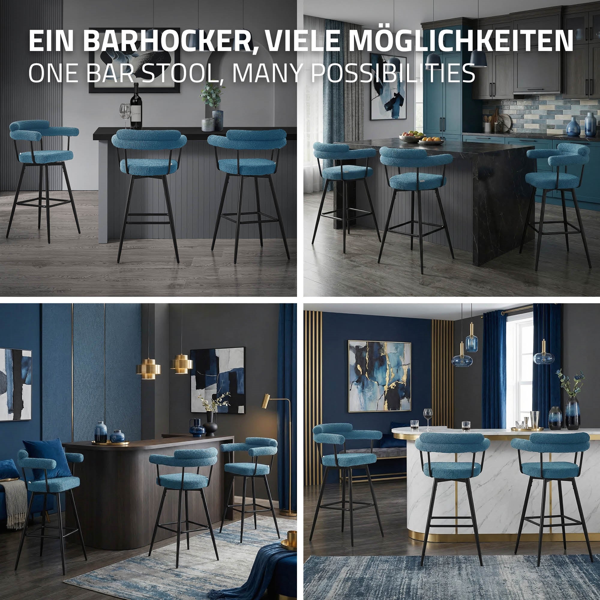 Collage met blauwe barkrukken in verschillende woonruimtes en een keukentafel.