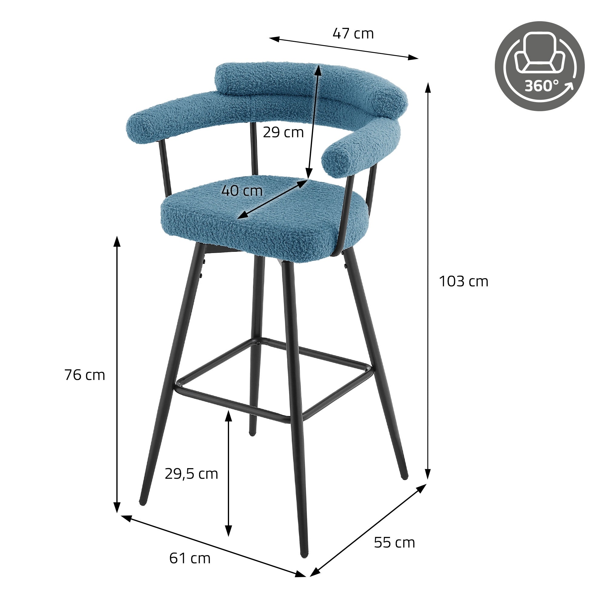 Maatschets van een blauwe barkruk met afmetingen.
