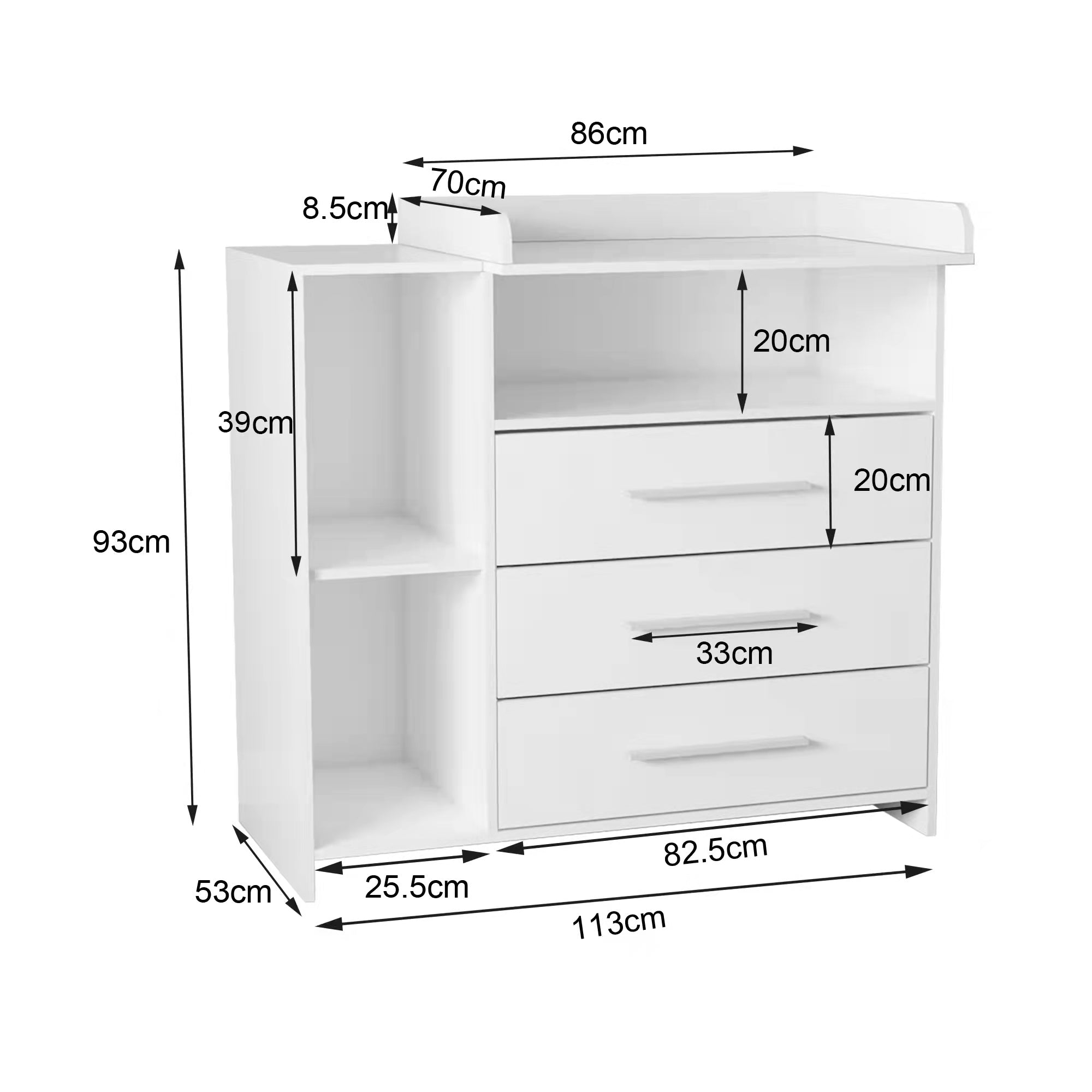 Armadio bianco con tre cassetti e due scomparti aperti, misure 86x93x70 cm.