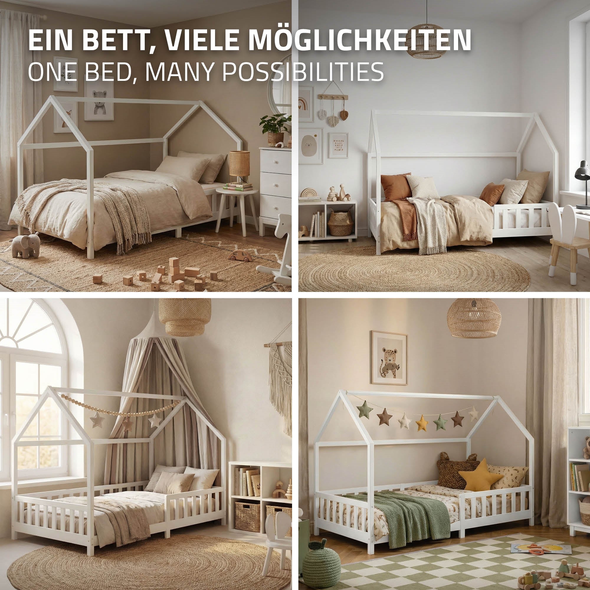 Verschiedene Gestaltungsmöglichkeiten für ein Bett in einem Kinderzimmer.