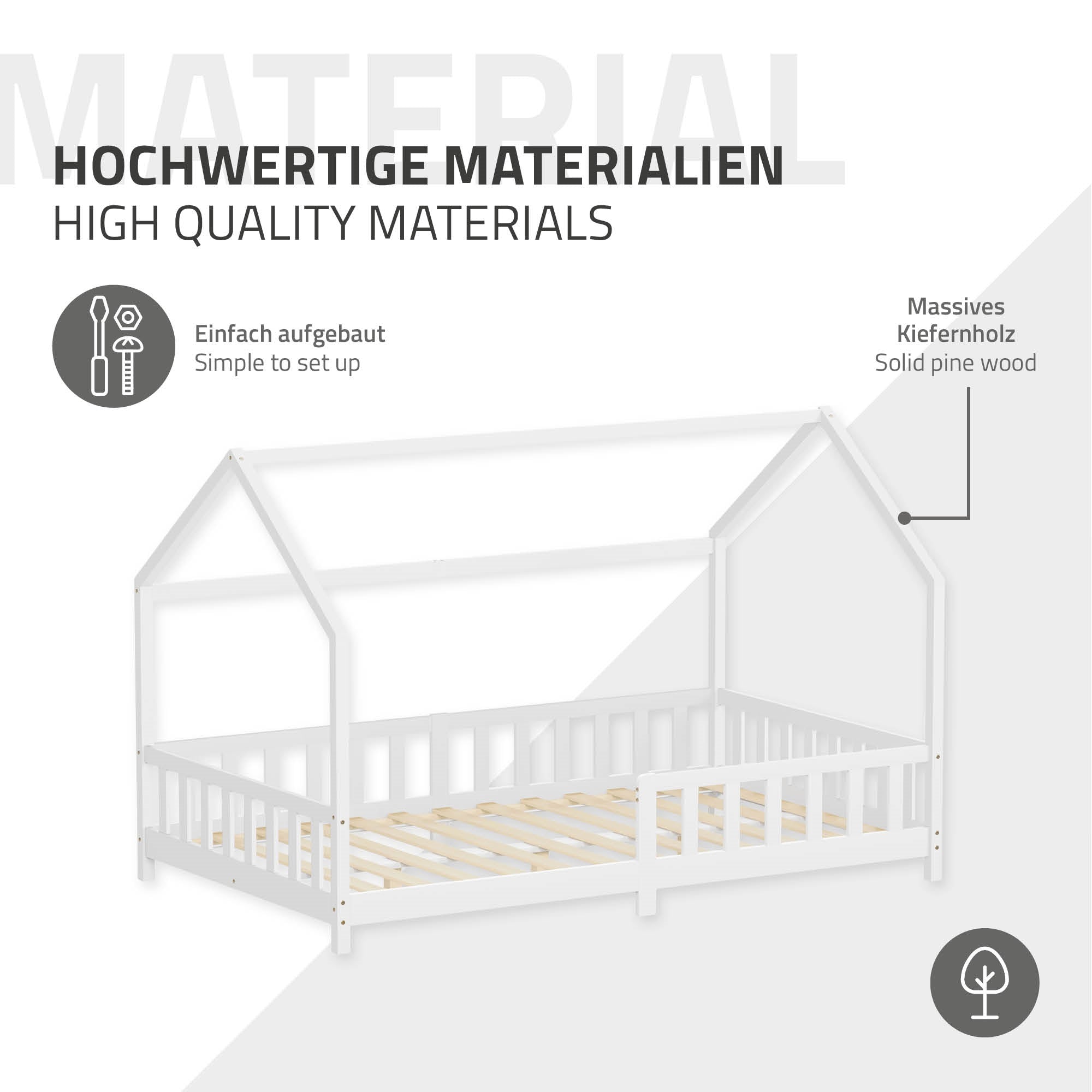Bett aus massivem Kiefernholz mit stabiler Konstruktion.