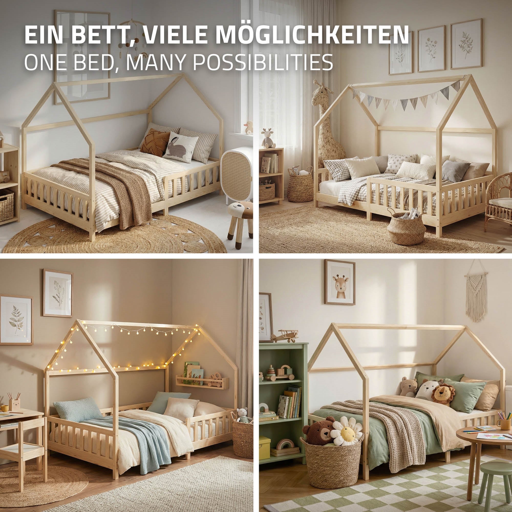 Verschiedene Gestaltungsmöglichkeiten eines Bettes in einem hellen Raum.