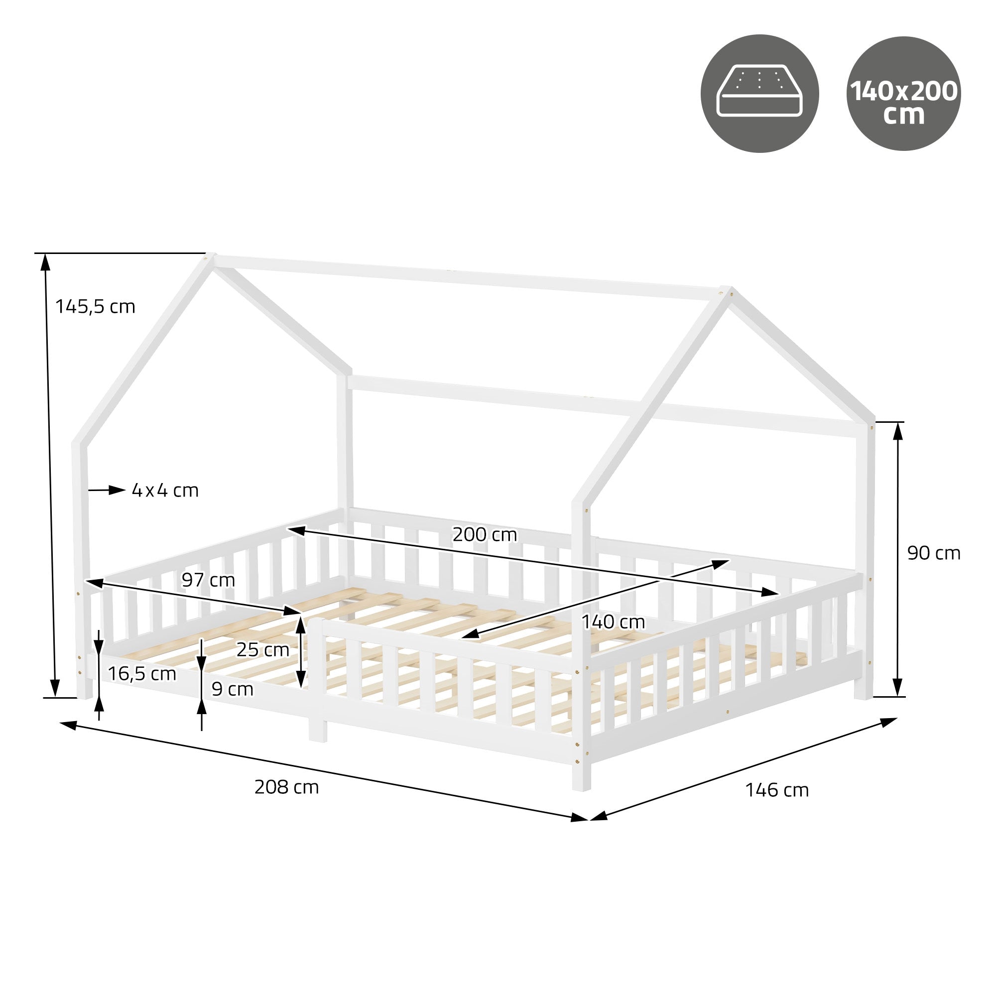 Dimension drawing of a wooden bed with measurements.