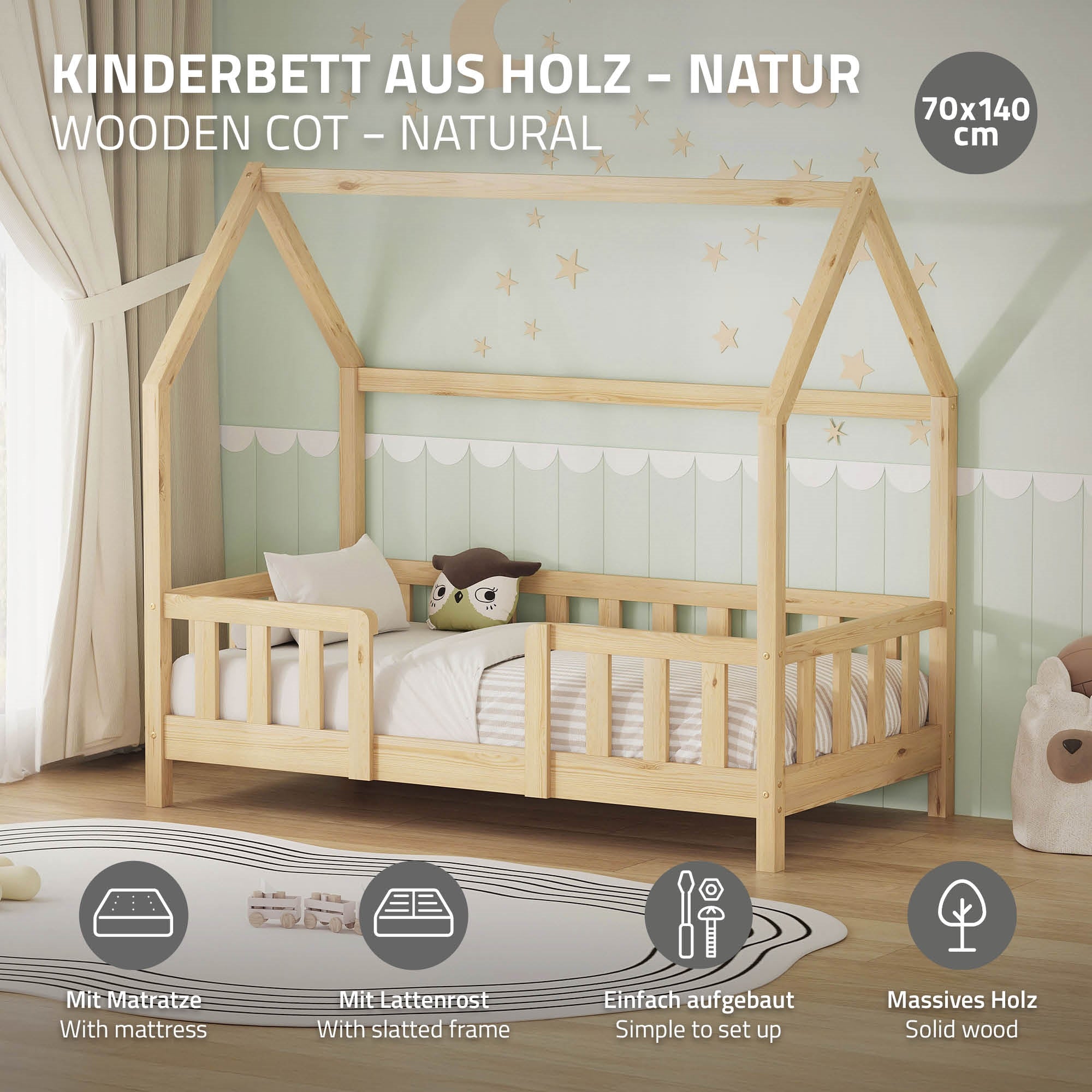 Un lit pour enfant en bois avec matelas et protection contre les chutes.