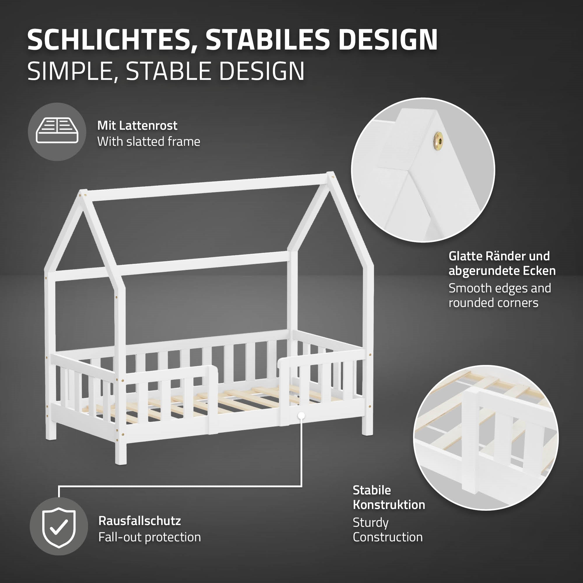 Ein Bett mit einem stabilen Design und Rausfallschutz.