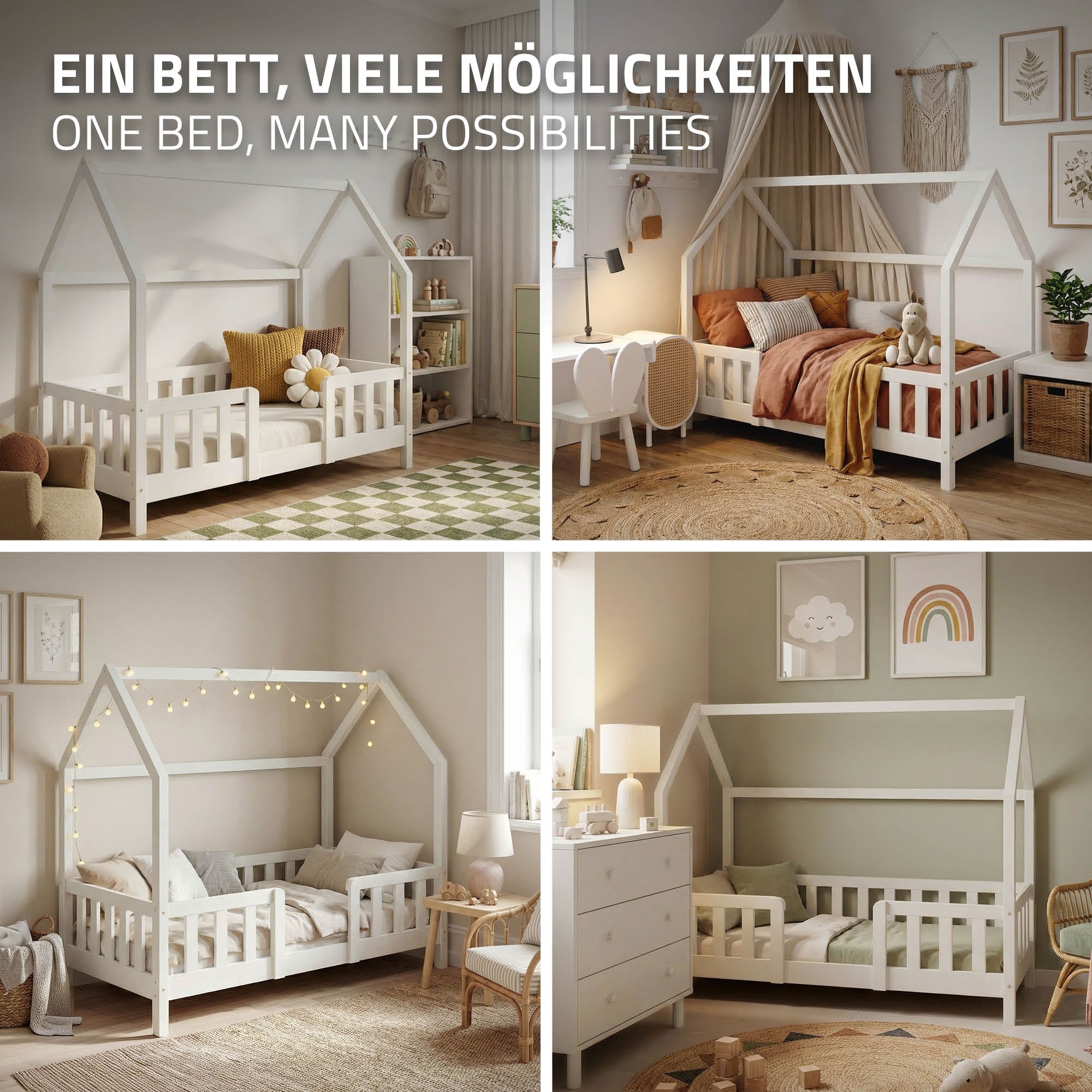 Verschiedene Varianten eines Holz-Kinderbetts in einem Raum.