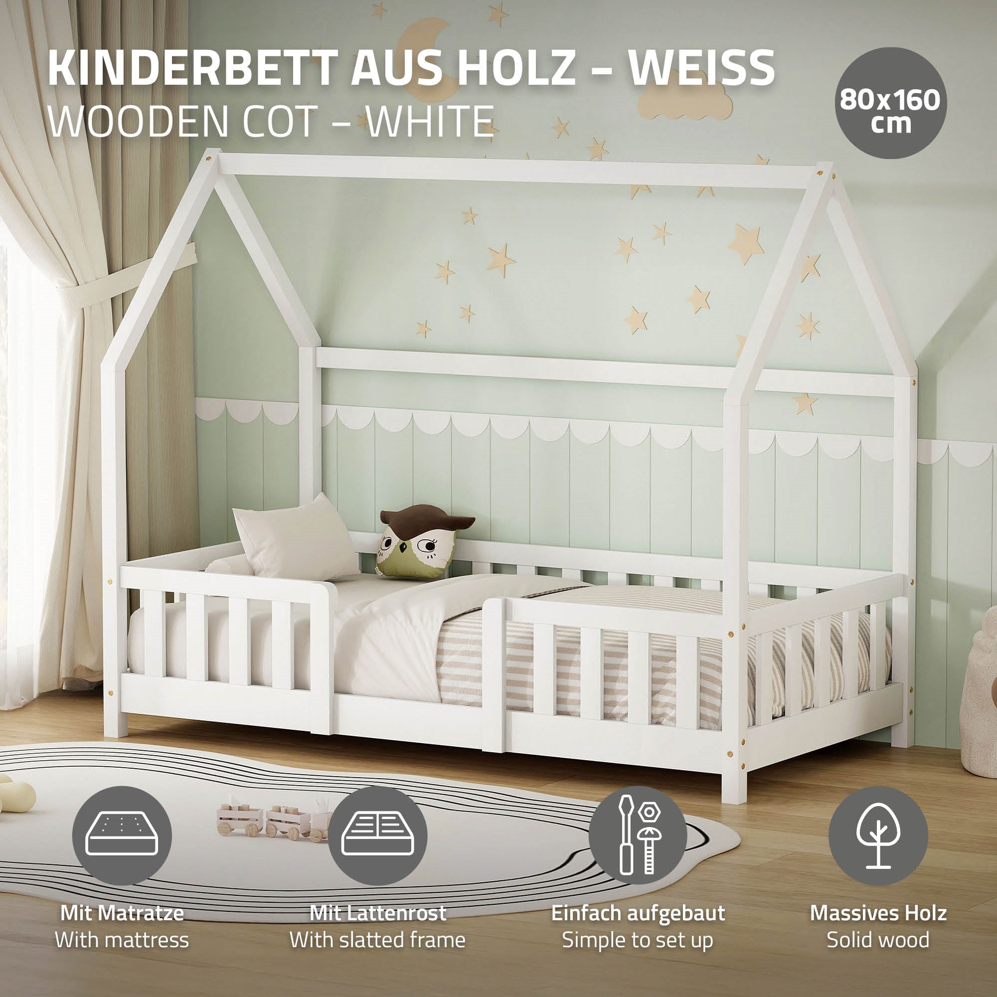 Lit pour enfant en bois blanc avec matelas et système de lattes dans une pièce lumineuse.