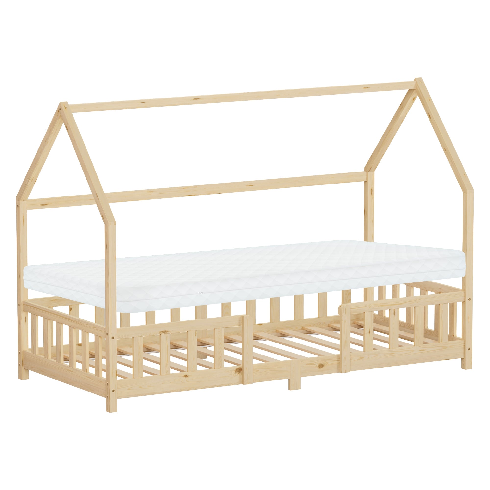 Dřevěná postel ve tvaru domu s matrací, bez ložního prádla, na světlé podlaze.