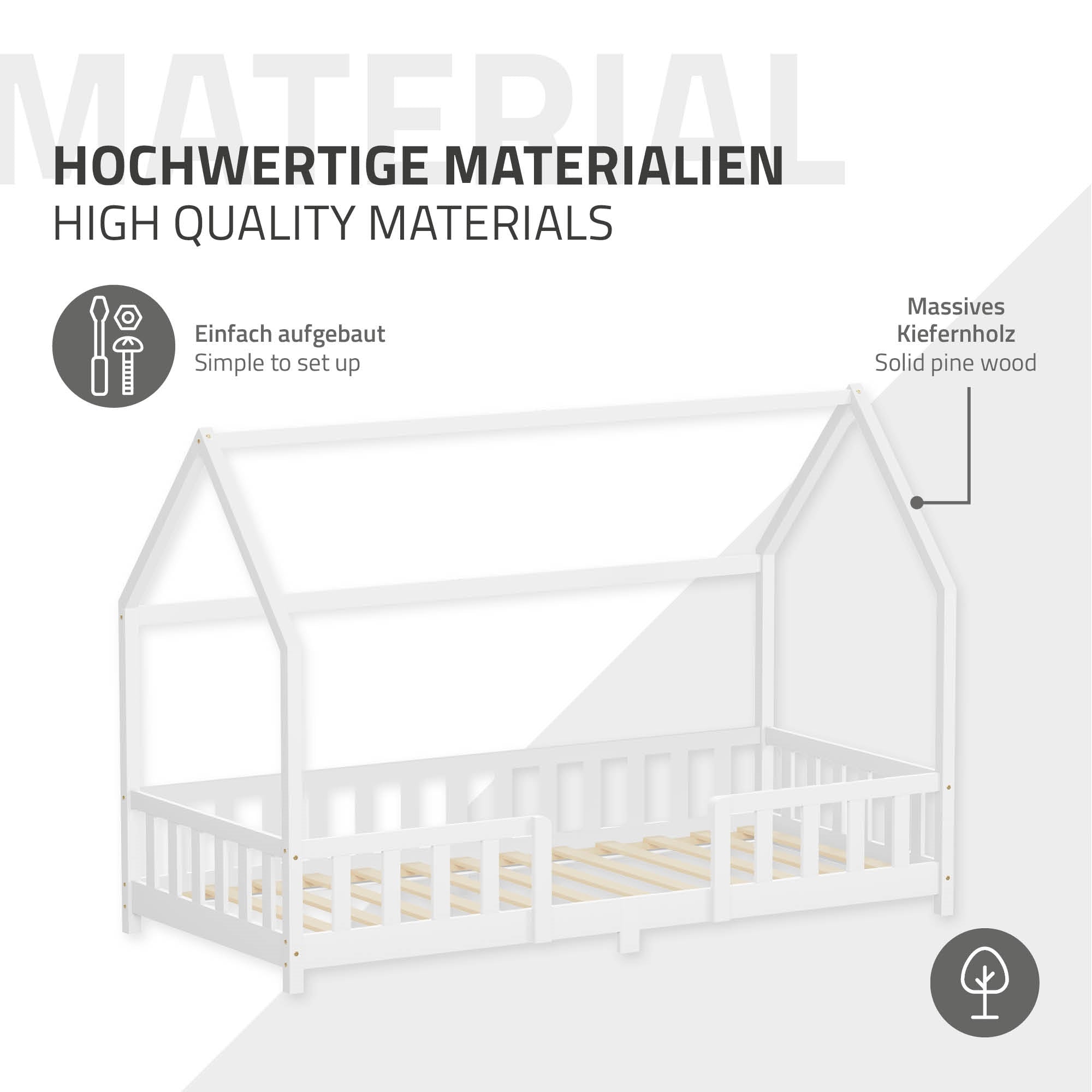 Ein Bett aus massivem Kiefernholz mit einem einfachen Aufbau.
