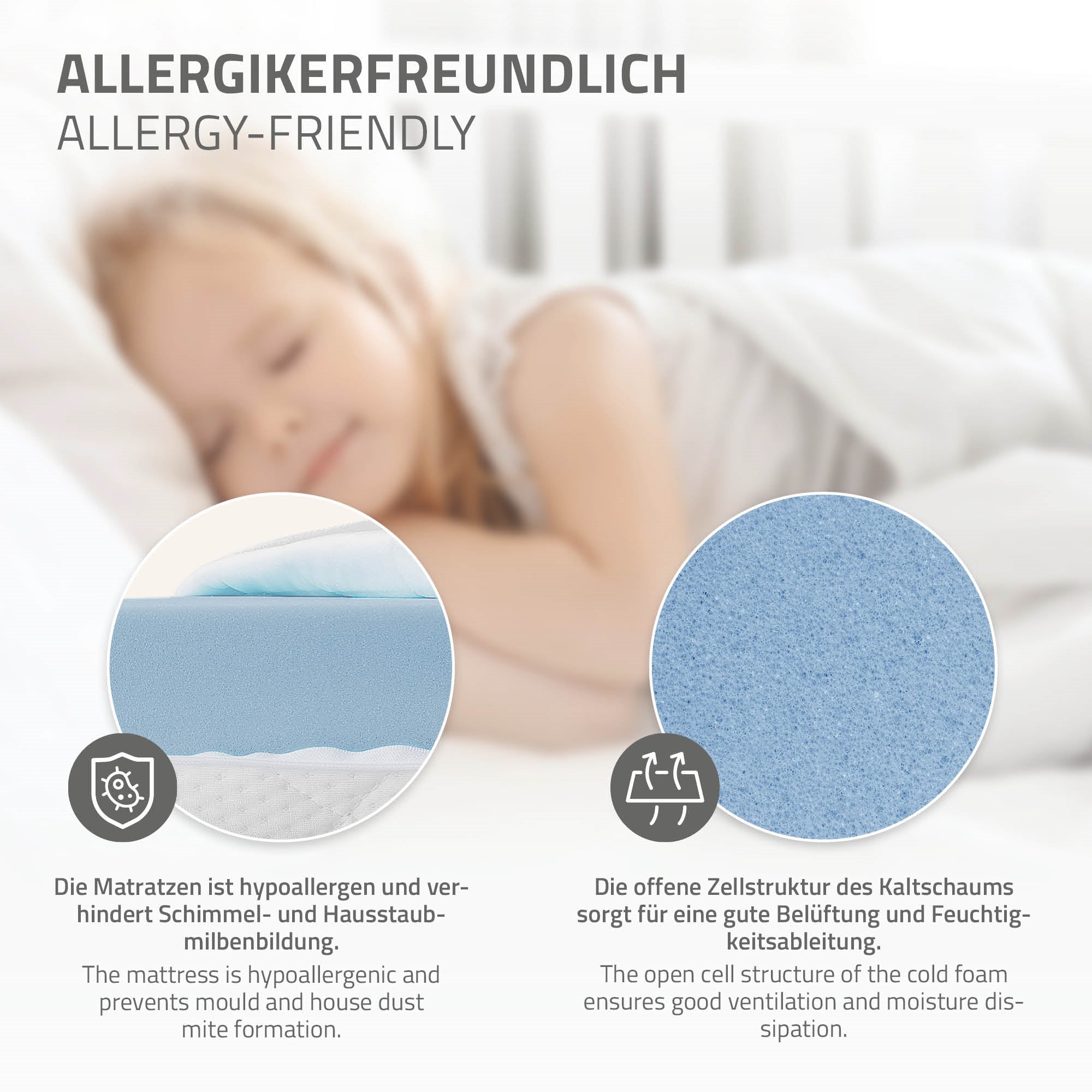 Nahaufnahme von Matratzen mit Informationen zur Allergikerfreundlichkeit.