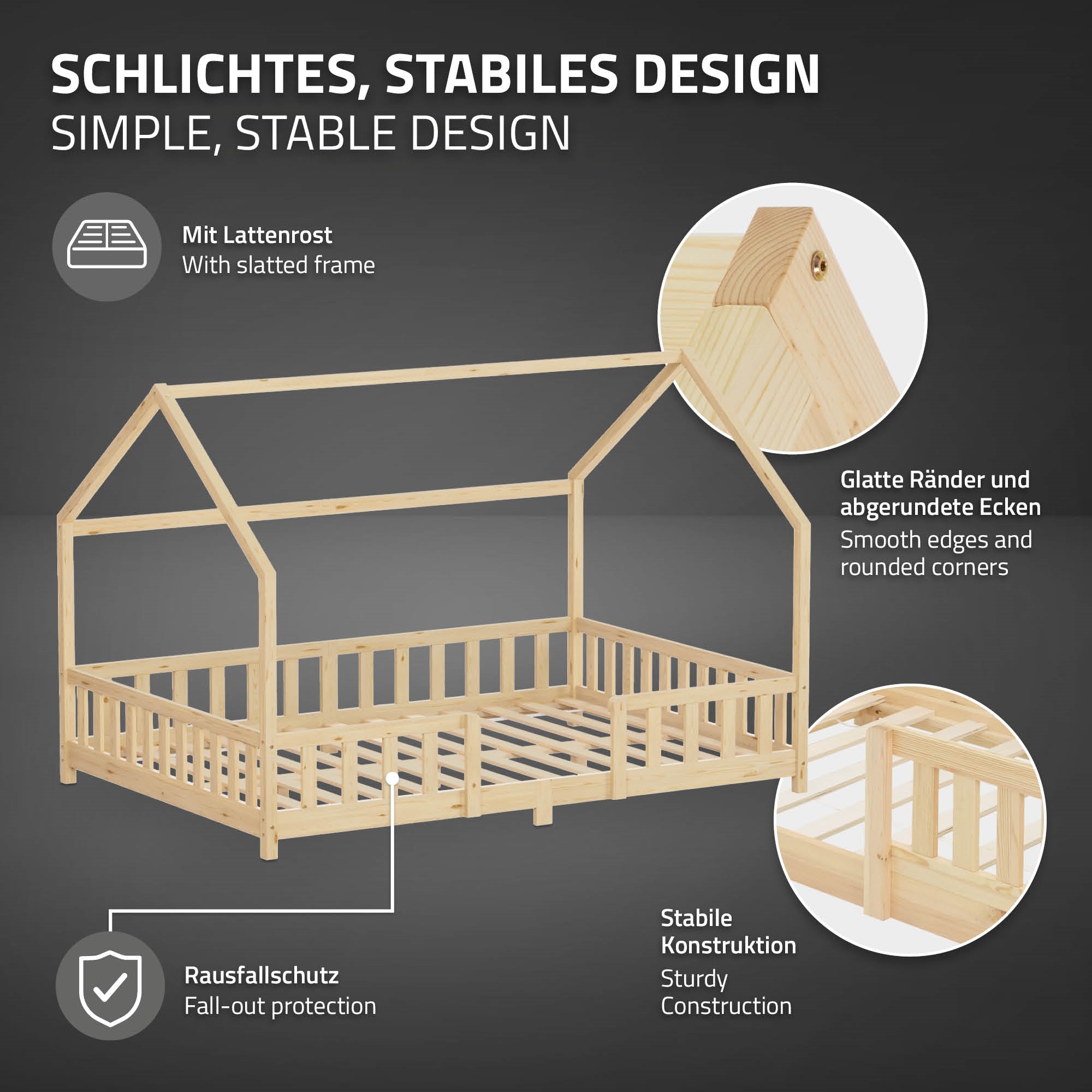 Illustration eines stabilen Bettes mit slatted frame und Rausfallschutz.