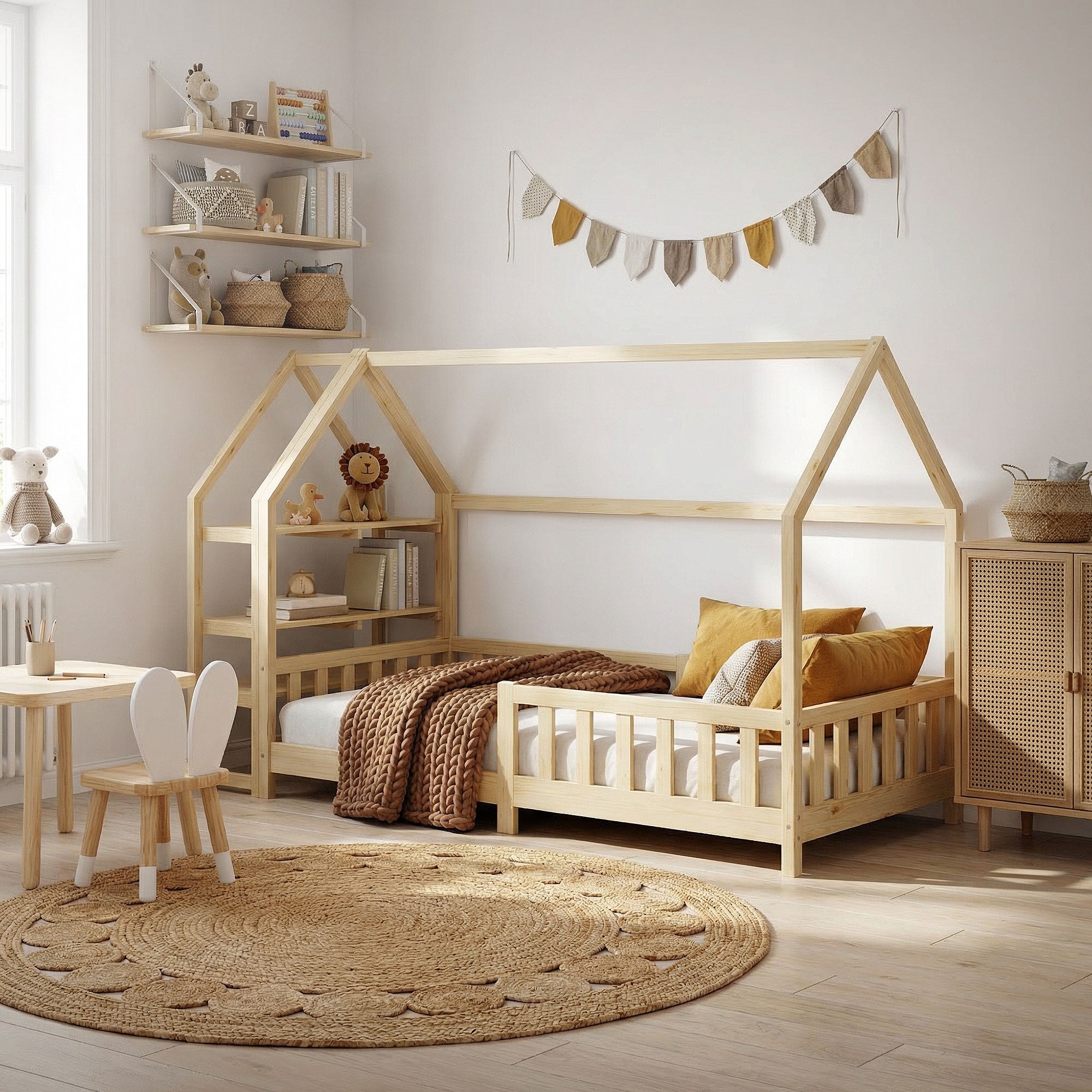 Een kinderkamer met een houten huisbed en een rond tapijt.
