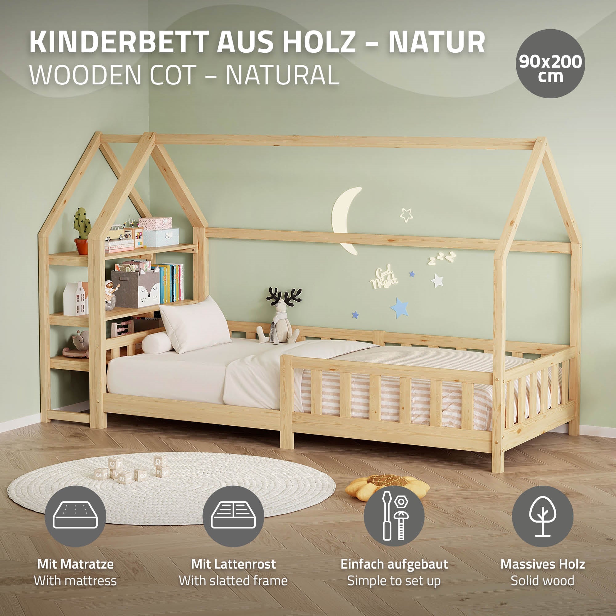 Holz-Kinderbett mit Matratze und Lattengestell.