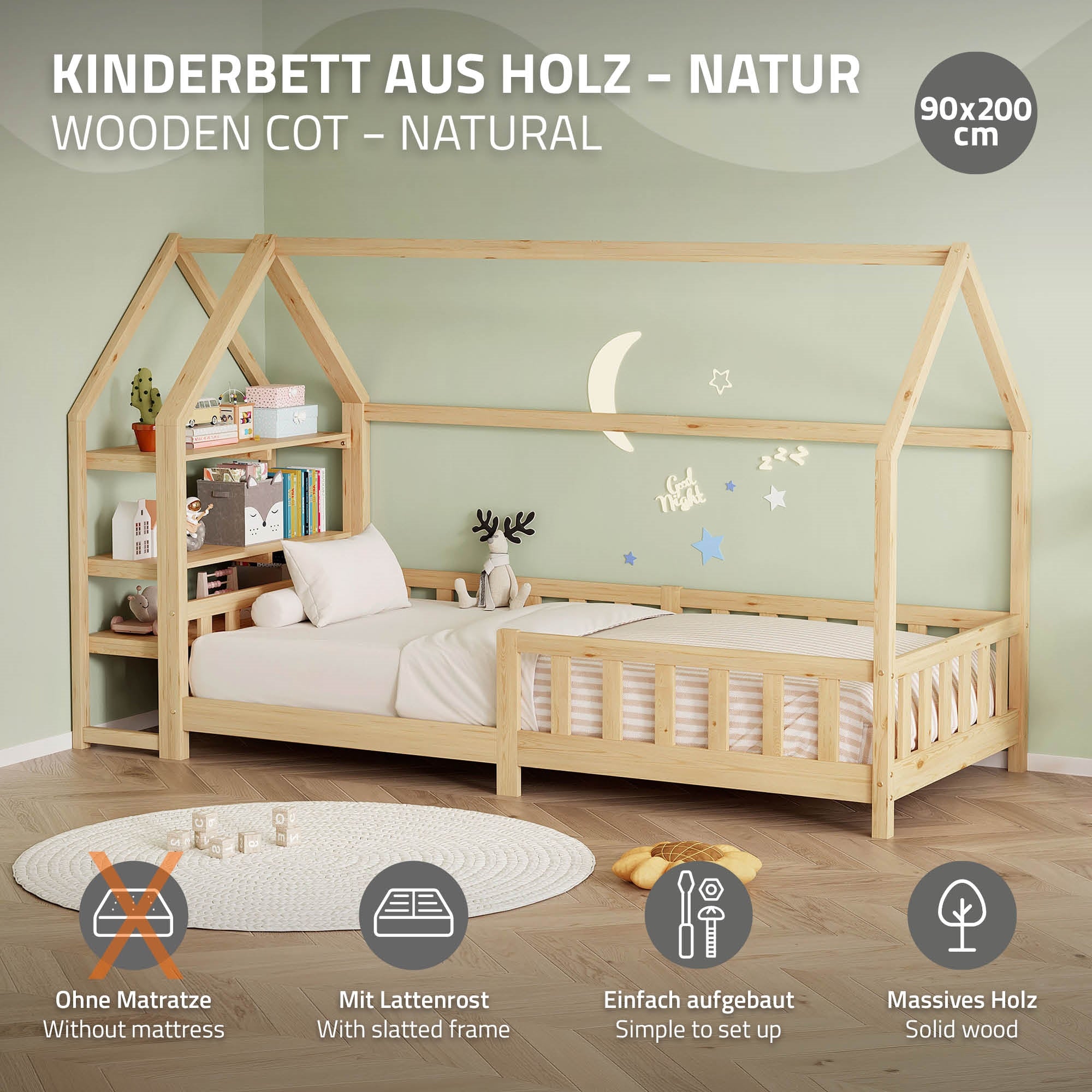 Houten kinderbed met dak, plank en zonder matras.