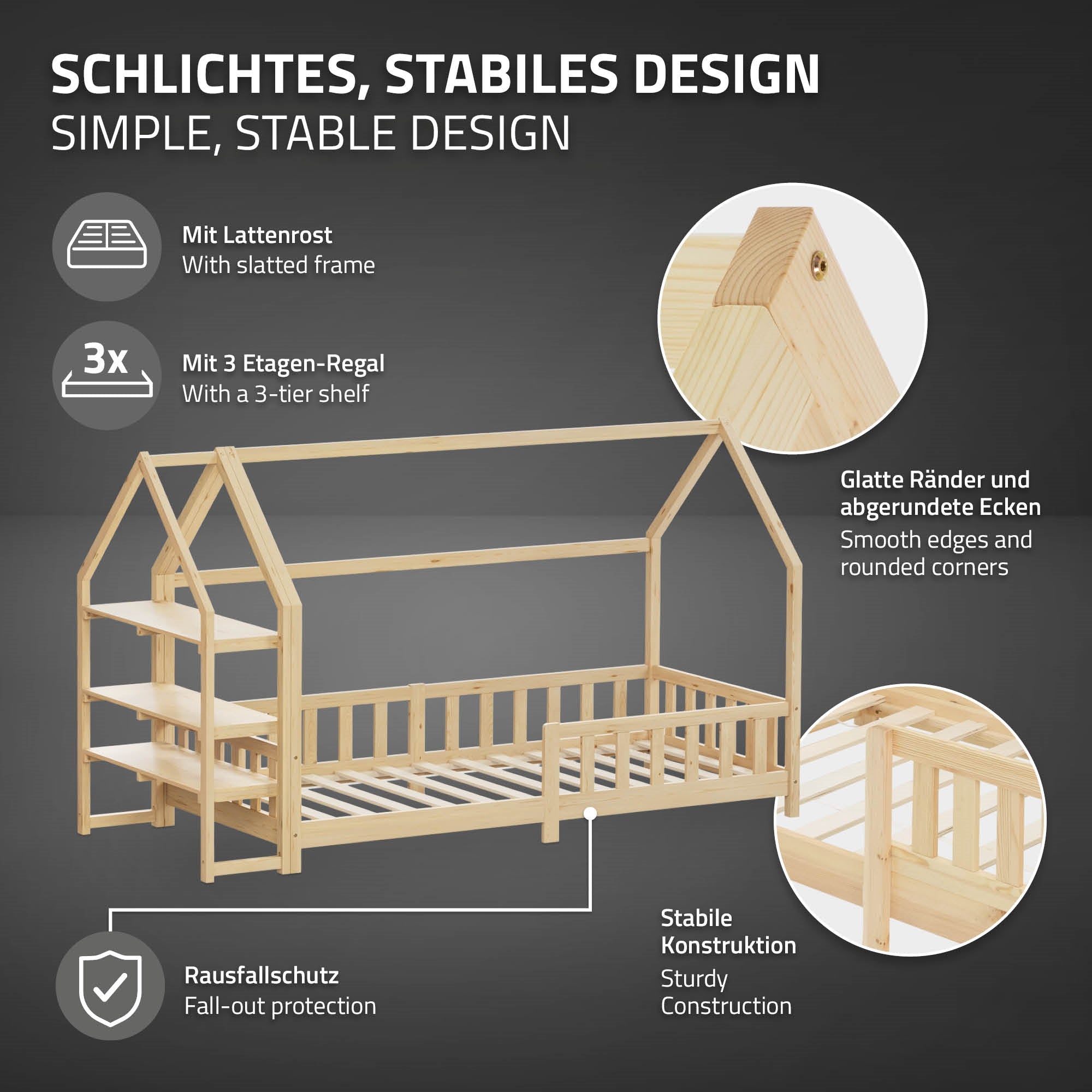 Houten bedden met een eenvoudig, stevig ontwerp en valbescherming.