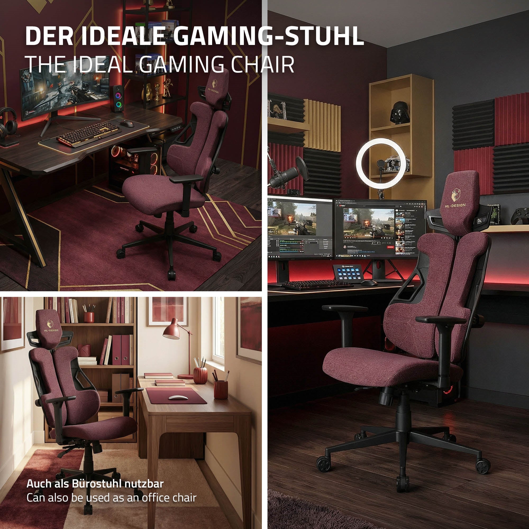 Una sedia da gaming rossa in un ufficio moderno con due monitor.