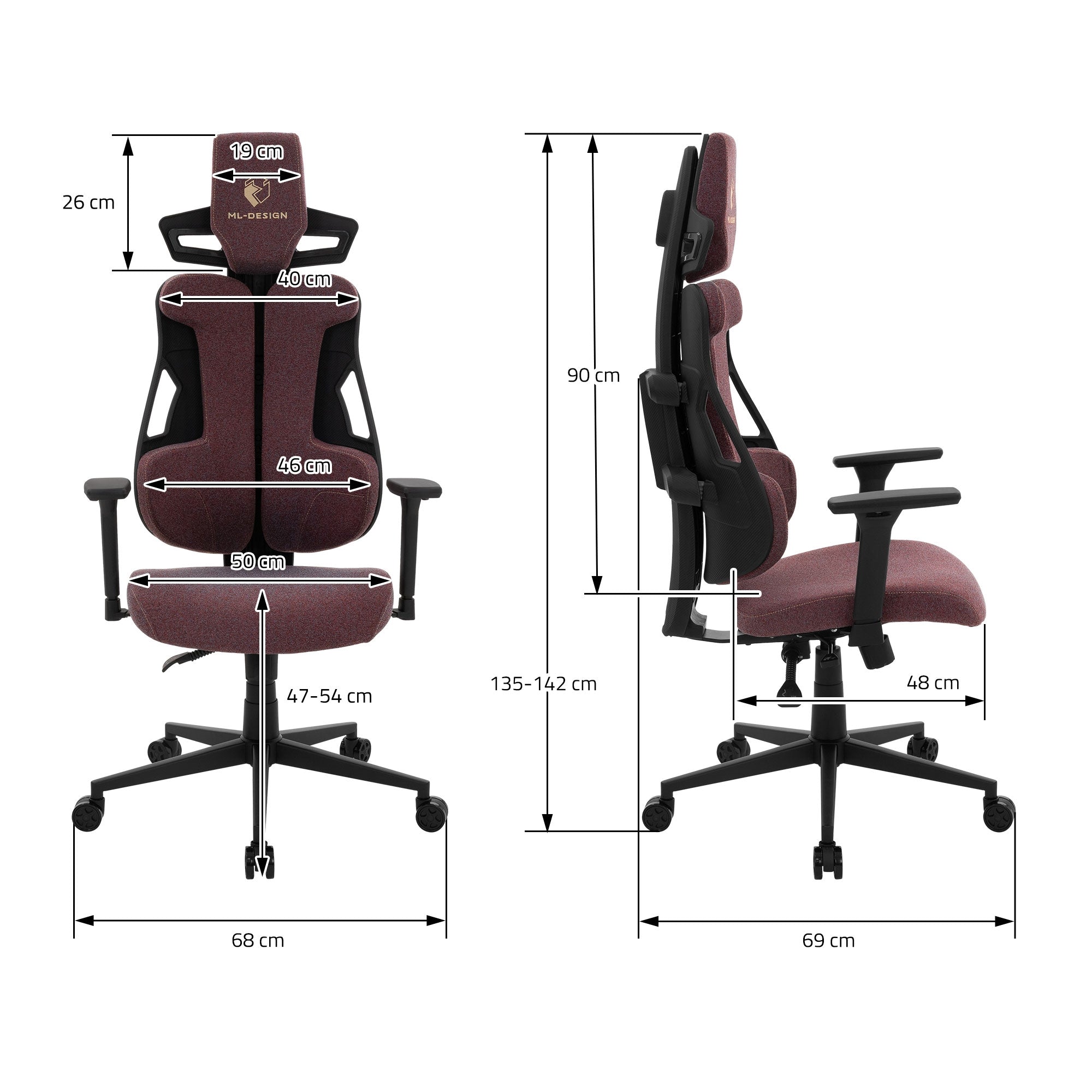 Disegno tecnico di una sedia da ufficio con misure in cm.