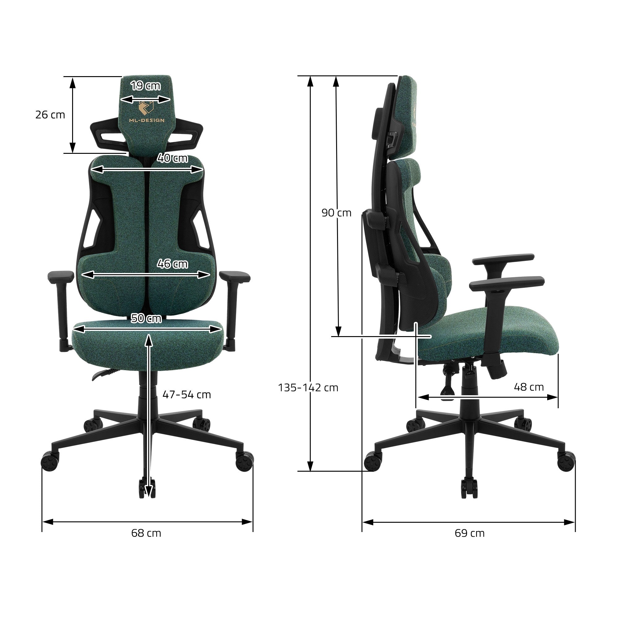 Technische Zeichnung eines Gaming-Stuhls mit Maßen und Details.