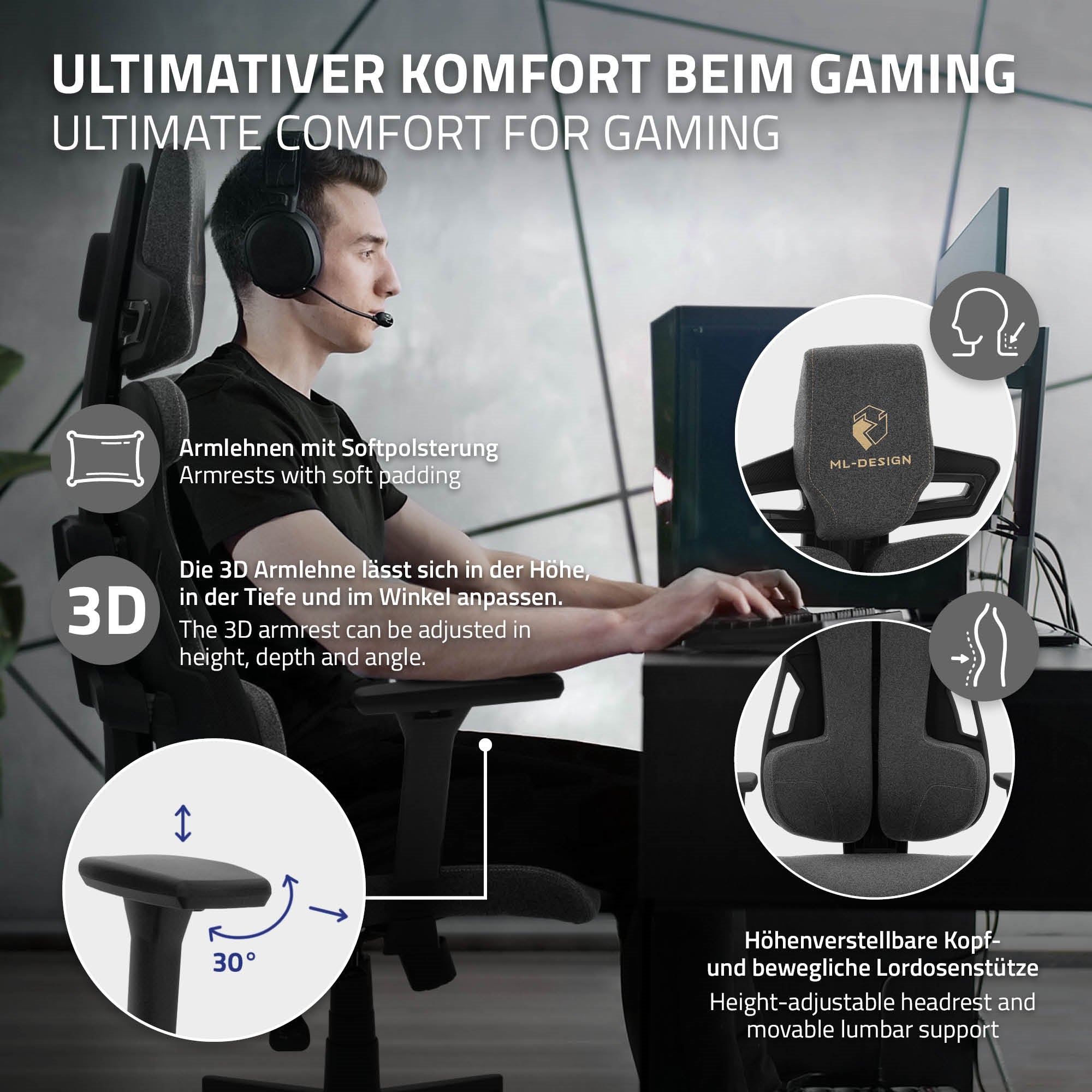Gaming-Stuhl mit 3D-Armlehnen, höhenverstellbarem Kopfstütze und Lendenstütze.