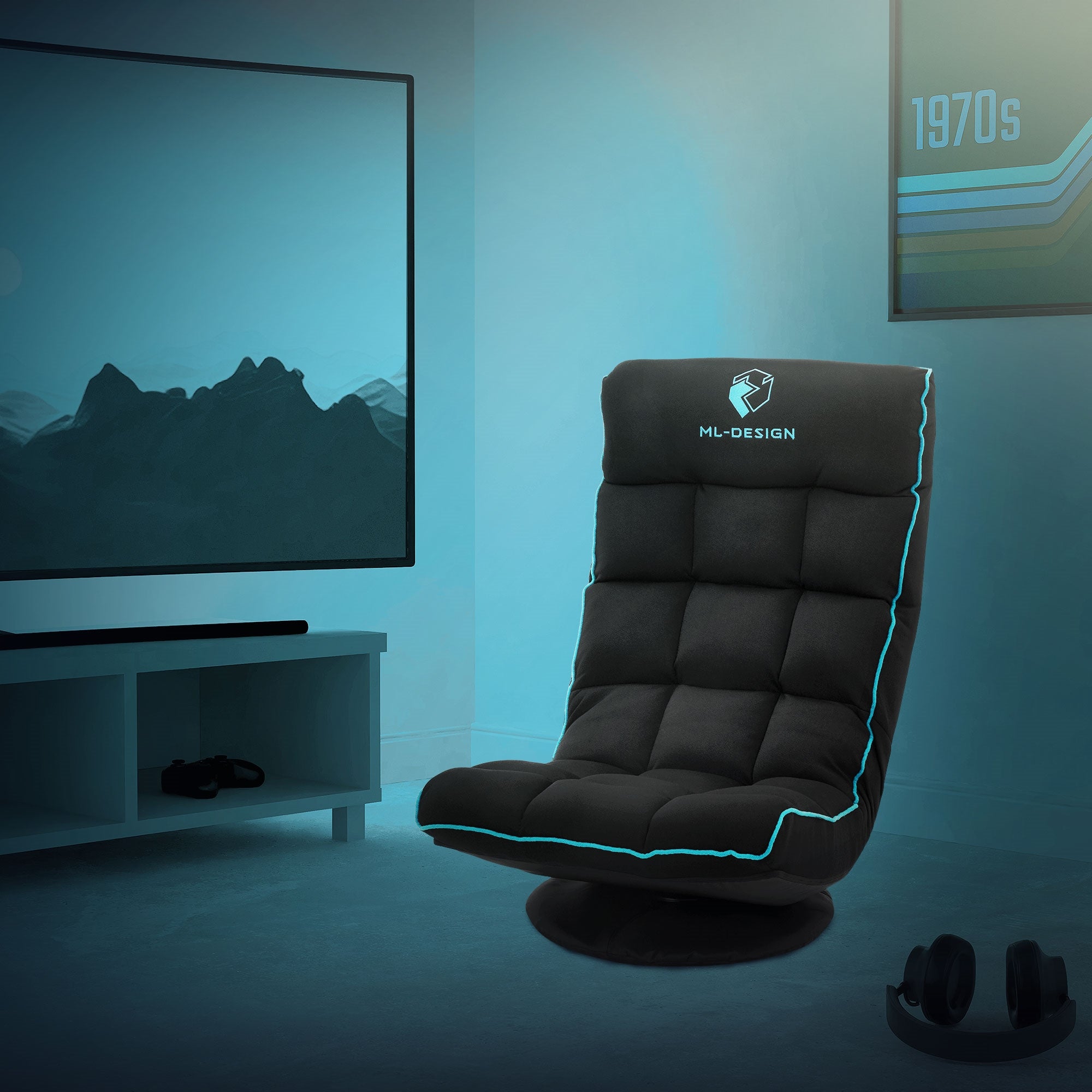 Chaise de gaming devant un téléviseur dans une pièce moderne.