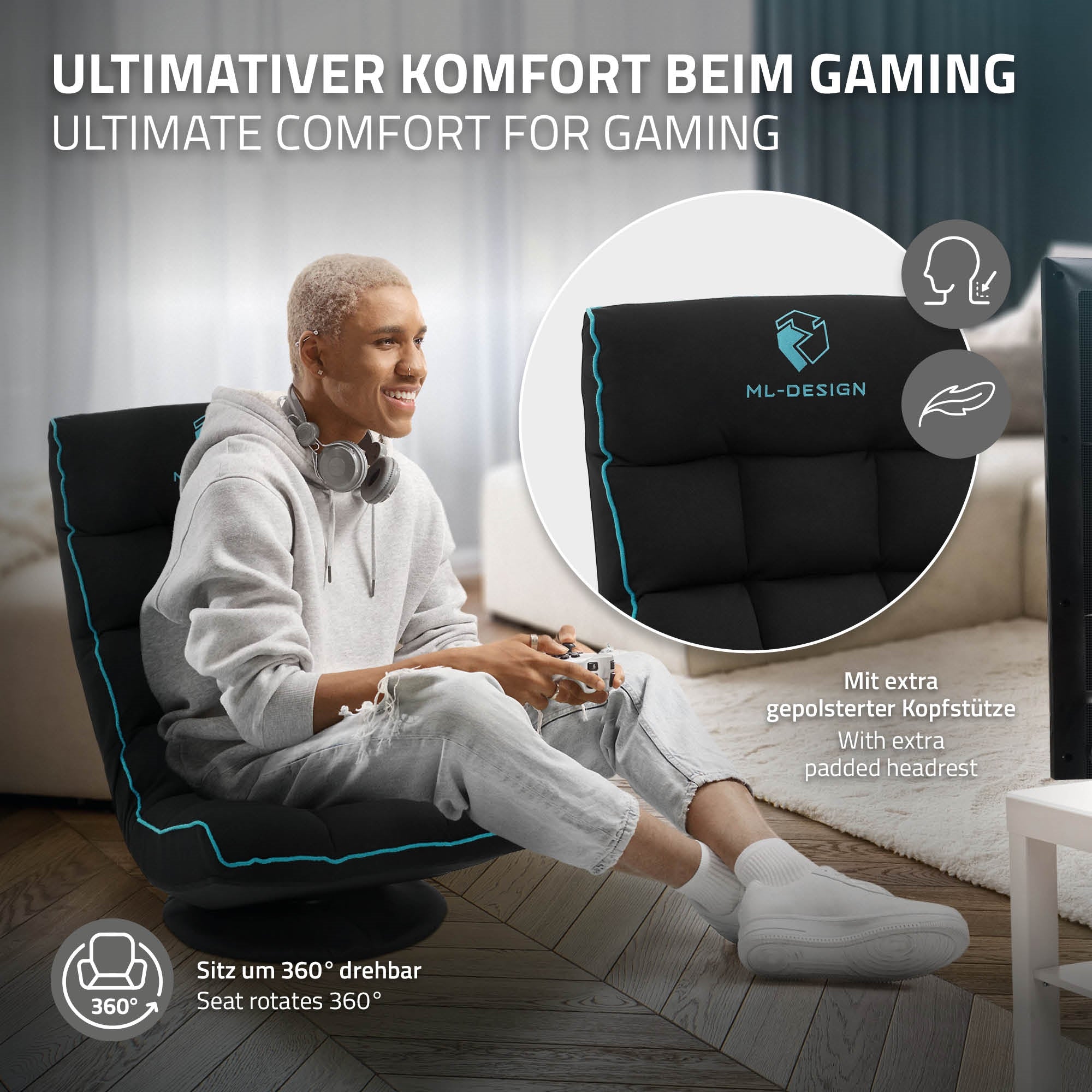 Jeune homme assis dans une chaise de gaming et portant des écouteurs.