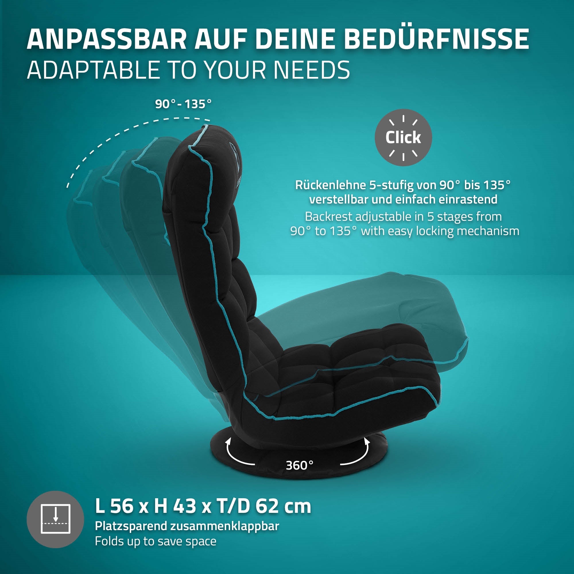 Chaise de gaming noire avec dossier réglable et fonction gain de place.