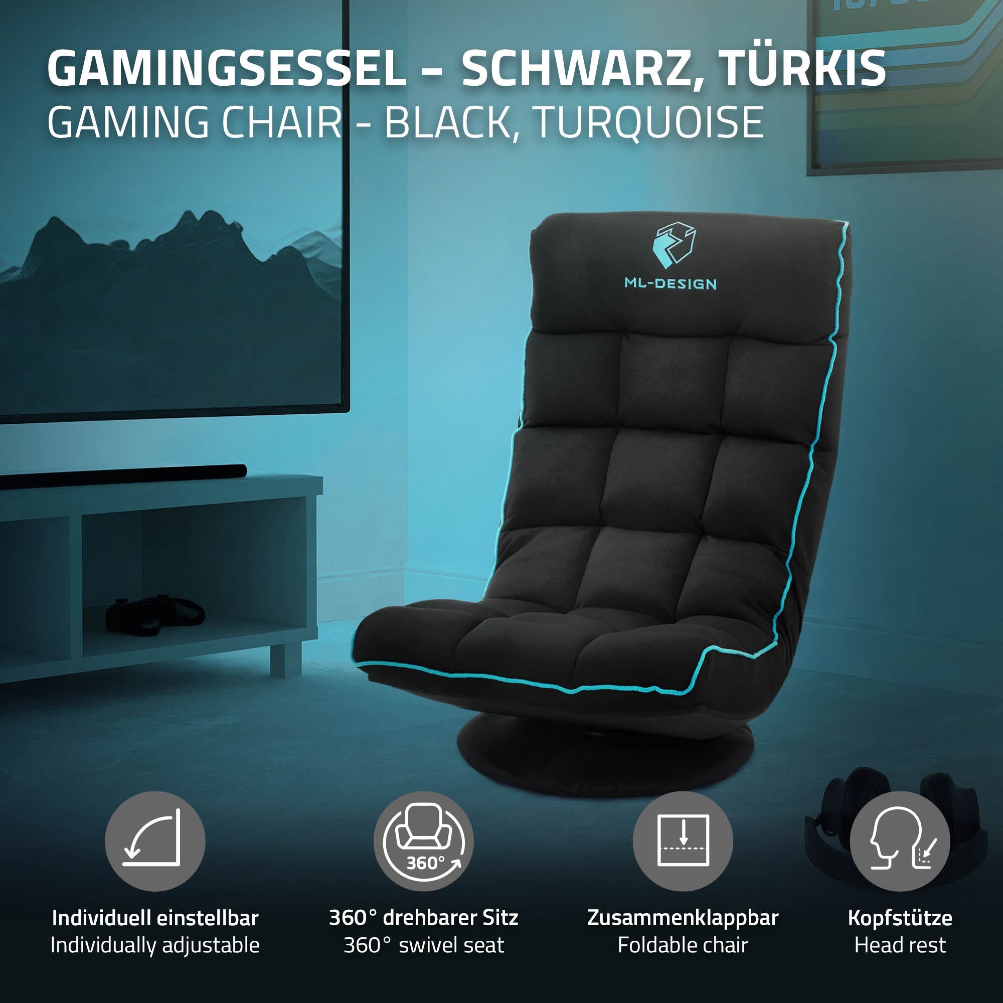 Chaise de gaming noire et turquoise avec appui-tête réglable.