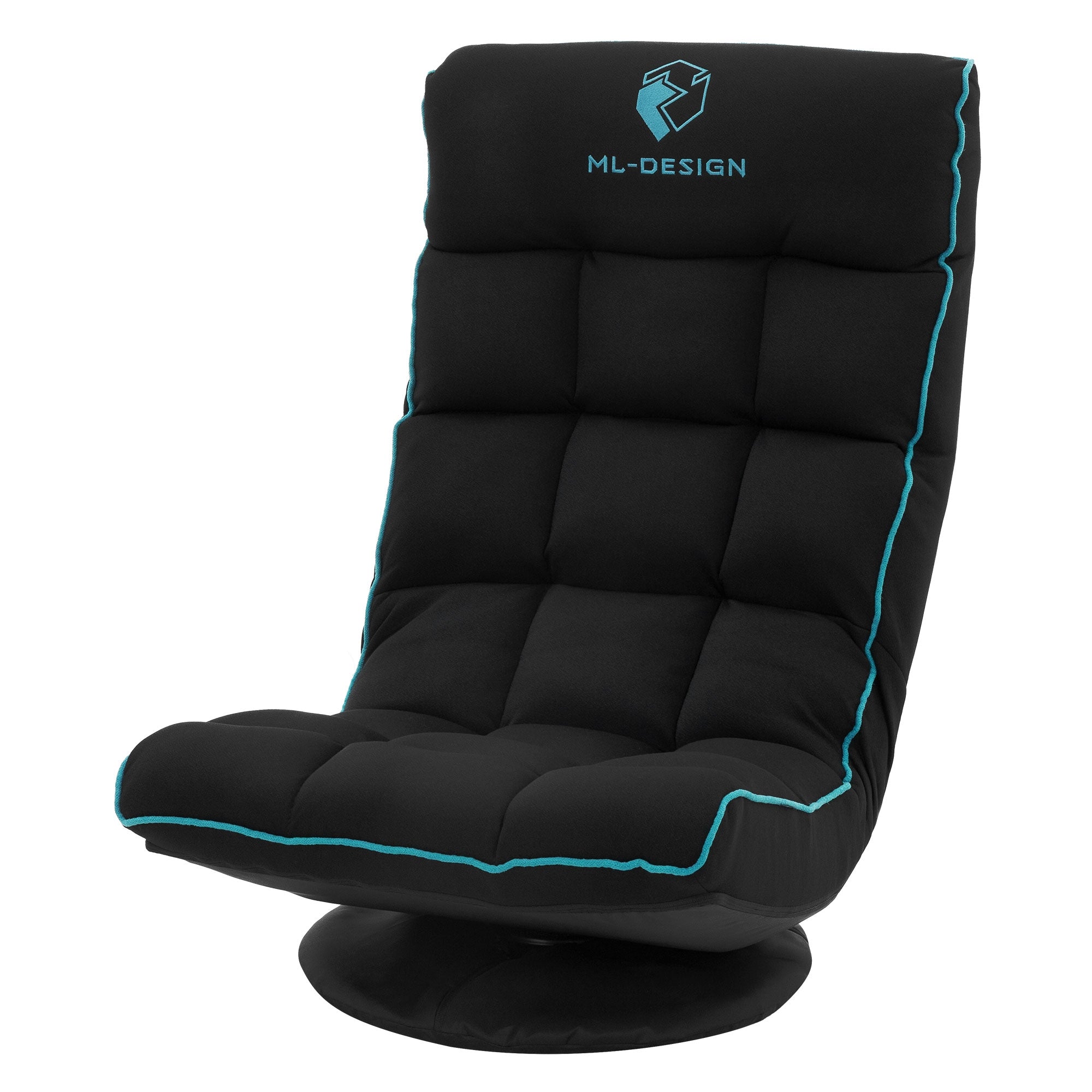 Chaise noire avec un siège rembourré et un logo sur l'appui-tête.