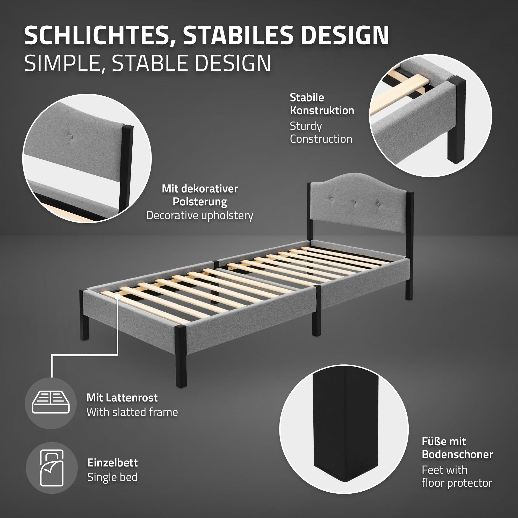 Graues Bett mit dekorativem Polster und stabiler Konstruktion.