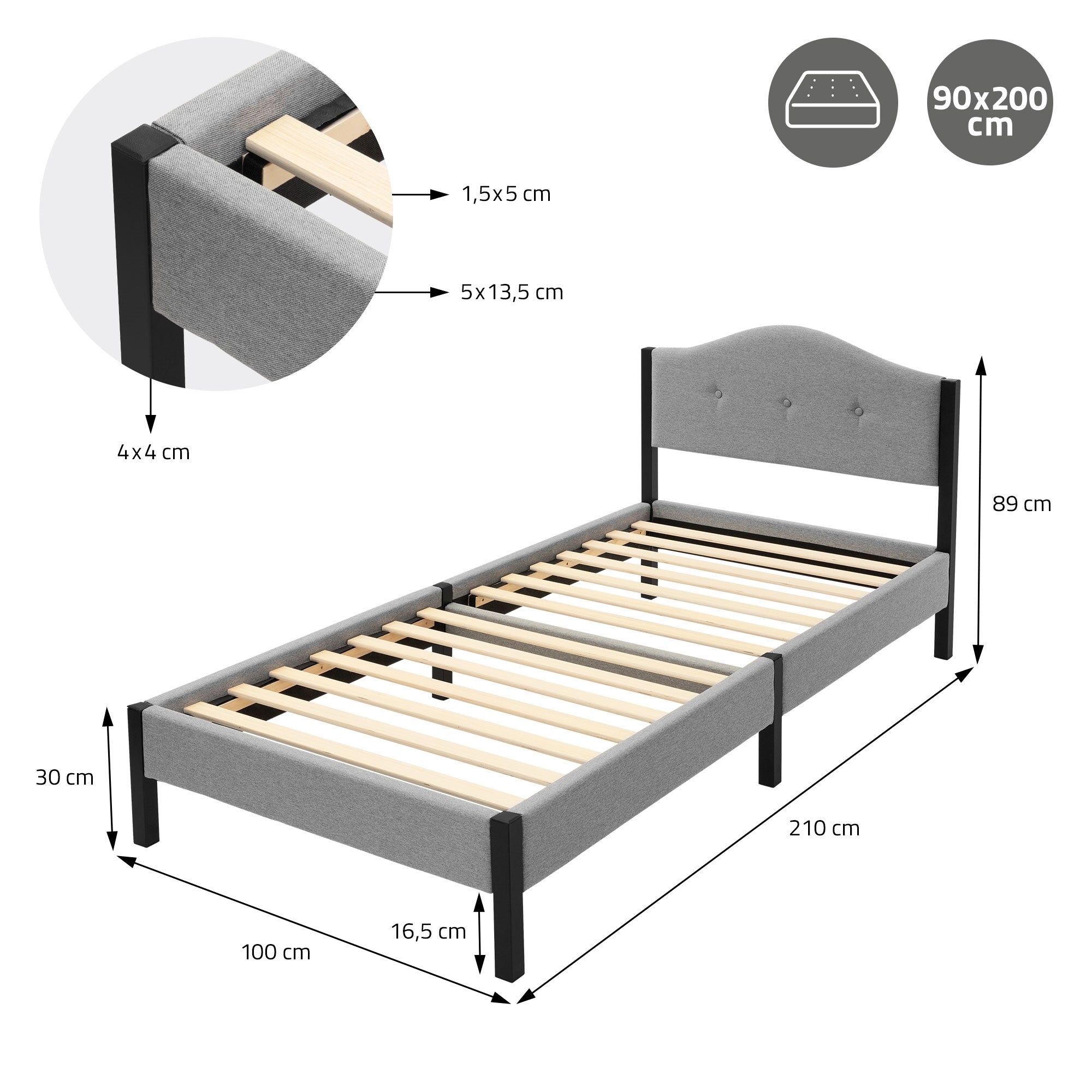 Ein graues Bett mit Holzlattenrost und Maßangaben.