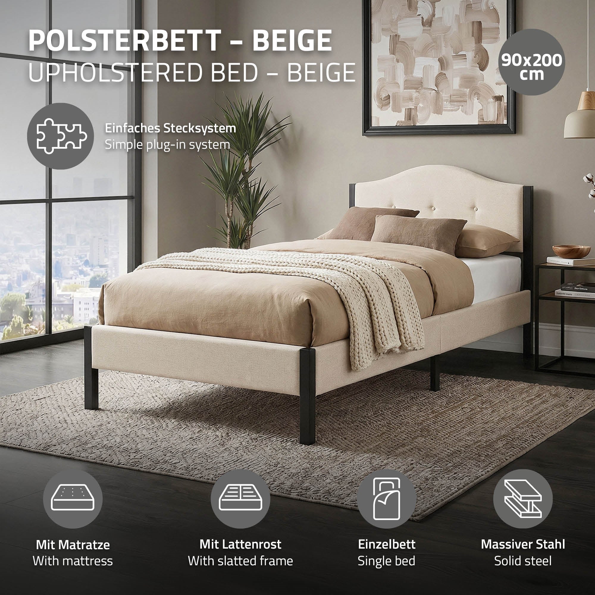 Beige verhoiltu sänky patjan ja puulattiajärjestelmän kanssa modernissa huoneessa.