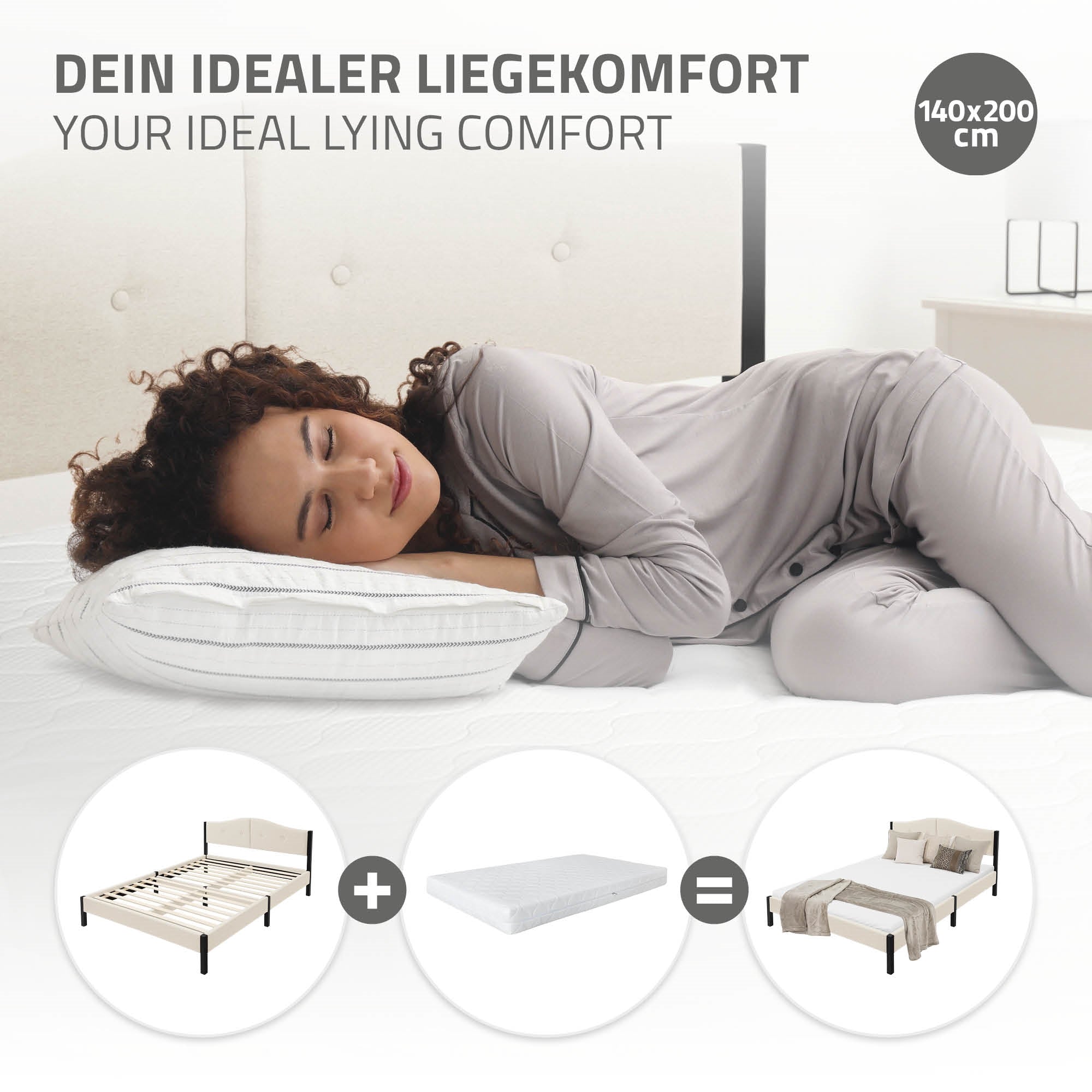 Frau liegt auf einem Bett mit Kopfkissen, umgeben von Informationen zu Bett und Matratze.