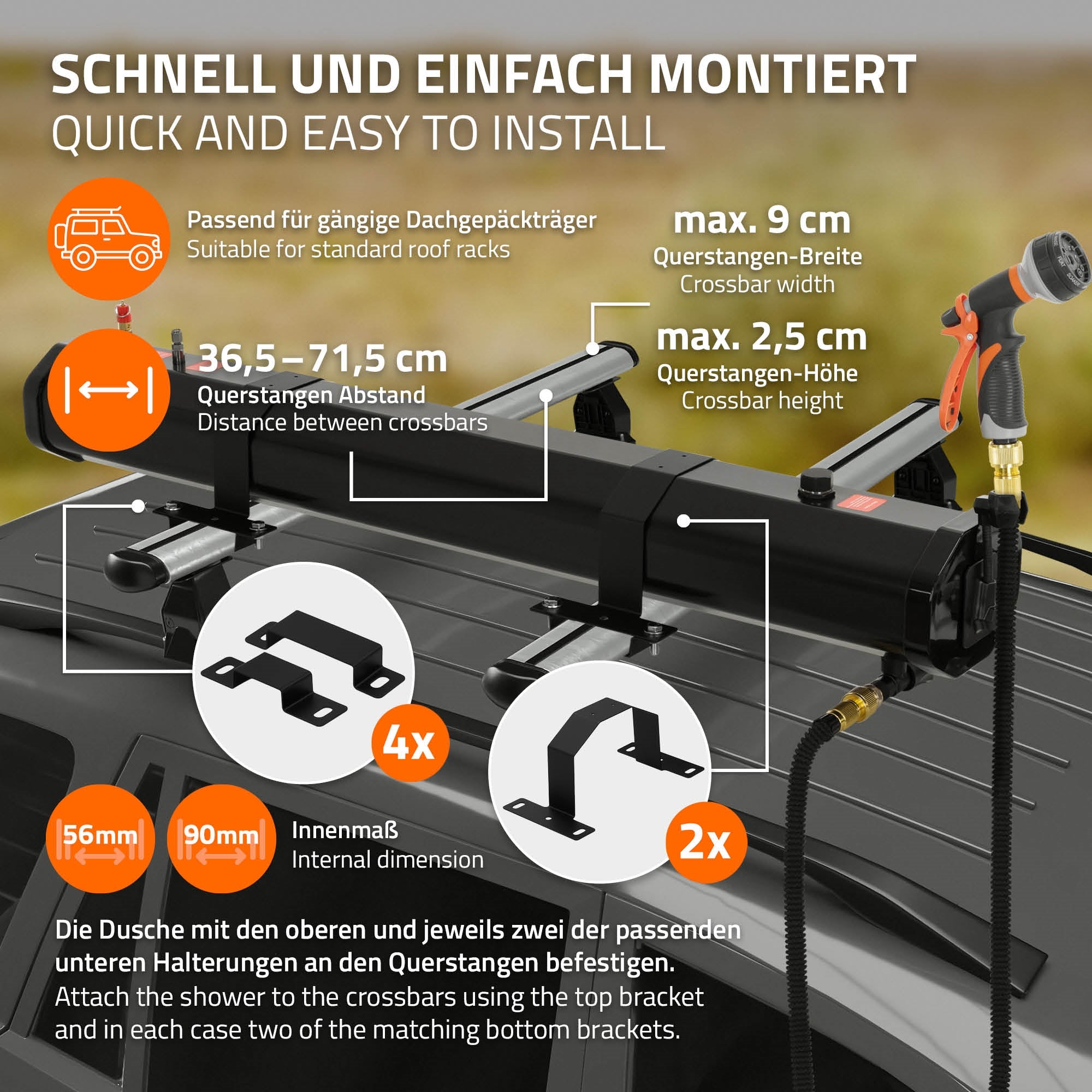 Montageanleitung für ein schwarzes Rohr mit Halterungen.