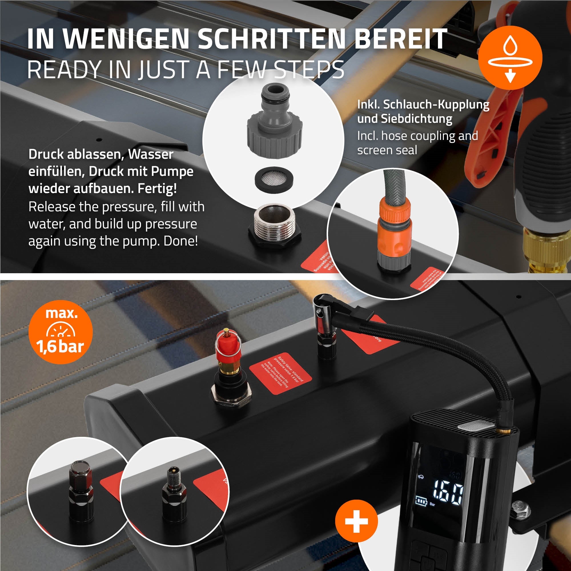 Nahaufnahme von einem Druckluftgerät mit verschiedenen Anschlüssen.