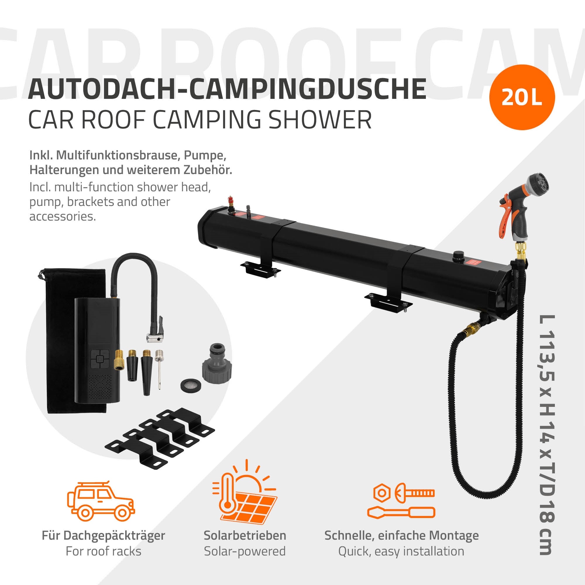 Autodach-Campingdusche 20L mit Zubehör und technischen Details.
