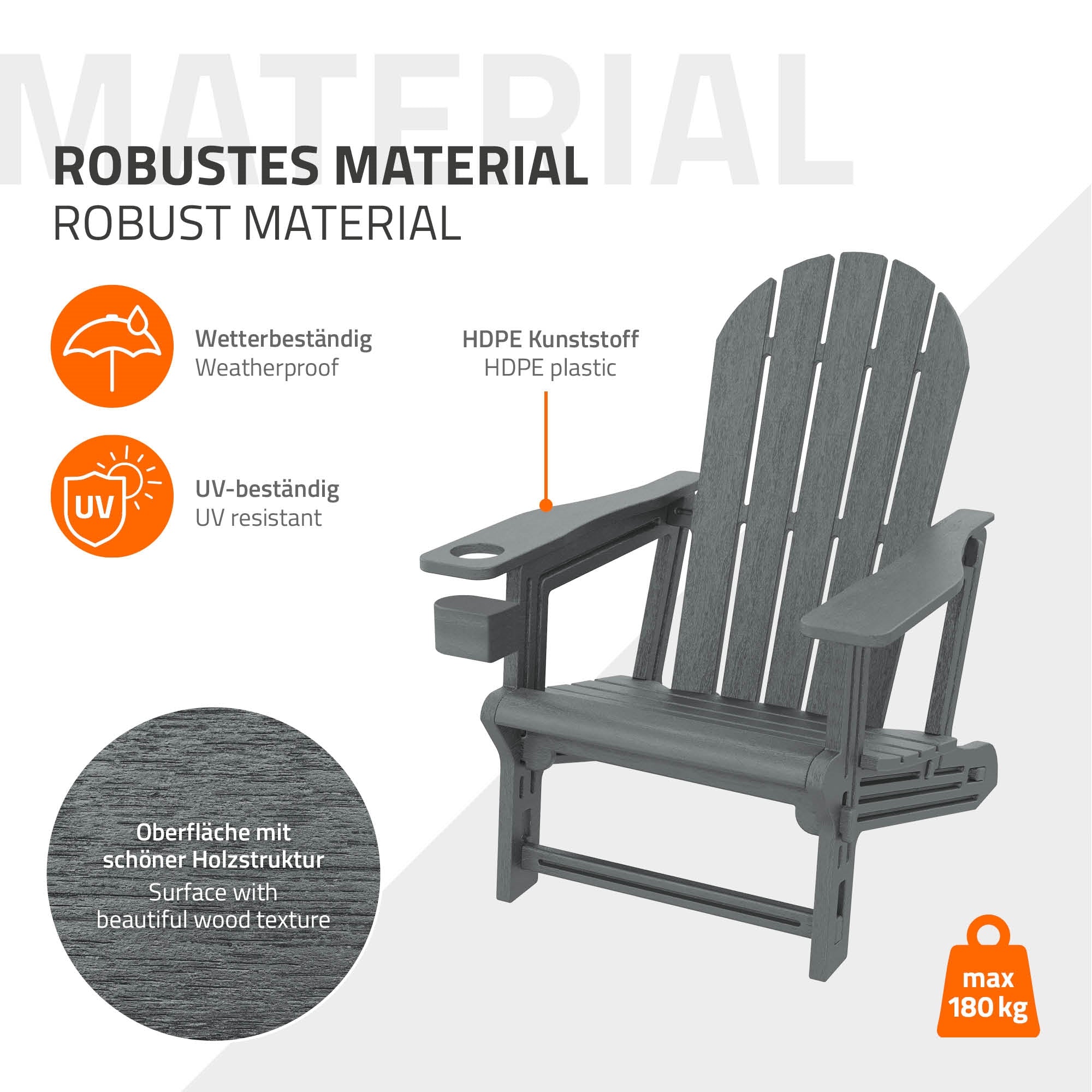 Stuhl aus robustem HDPE-Kunststoff mit Holzstruktur.
